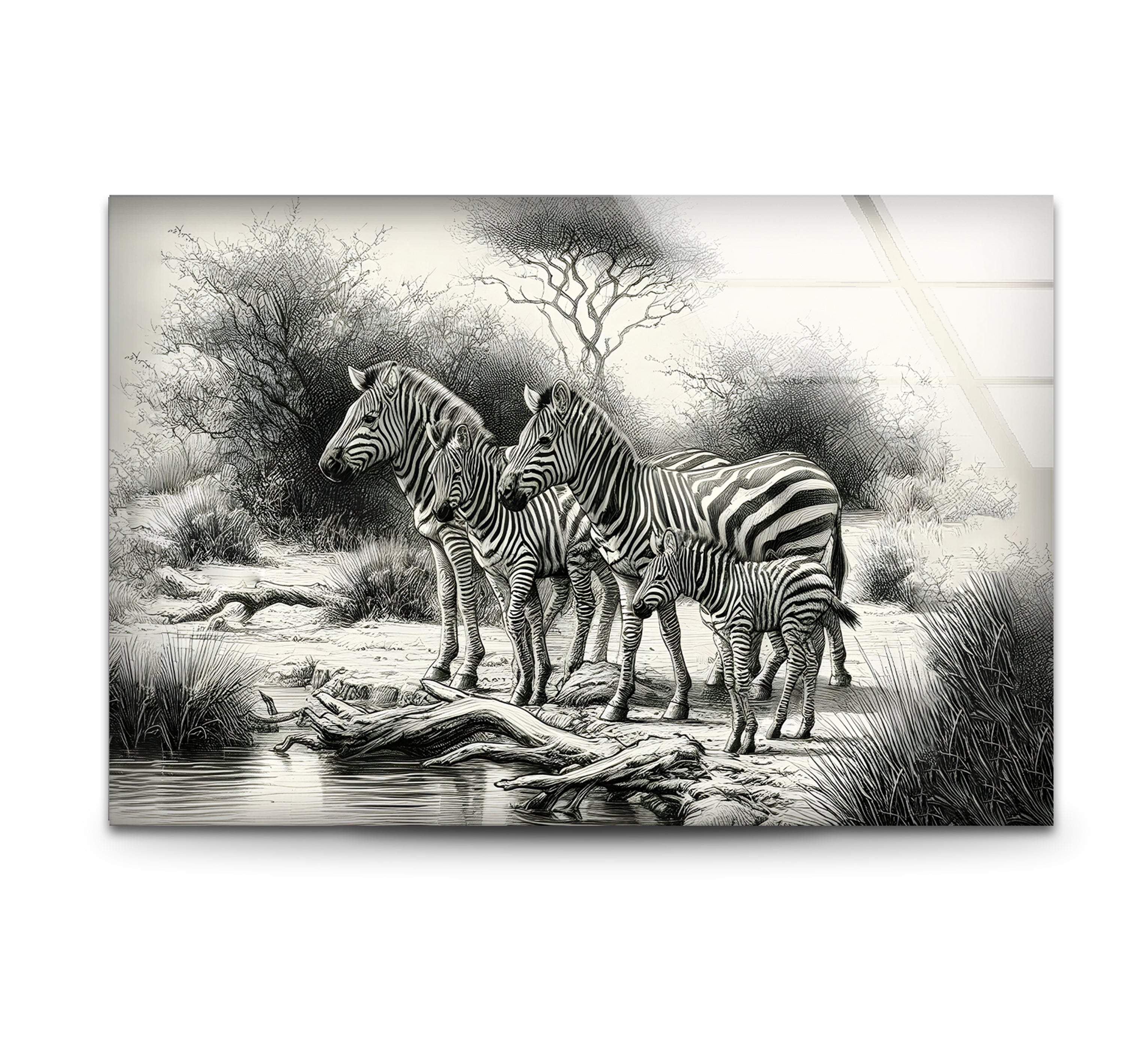 Black and White Zebra Family Glass Wall Art - Modern Home Decor for Living Room, Bedroom & Office - Unique Animal Print Wall Art for Safari & Wildlife Theme Decor