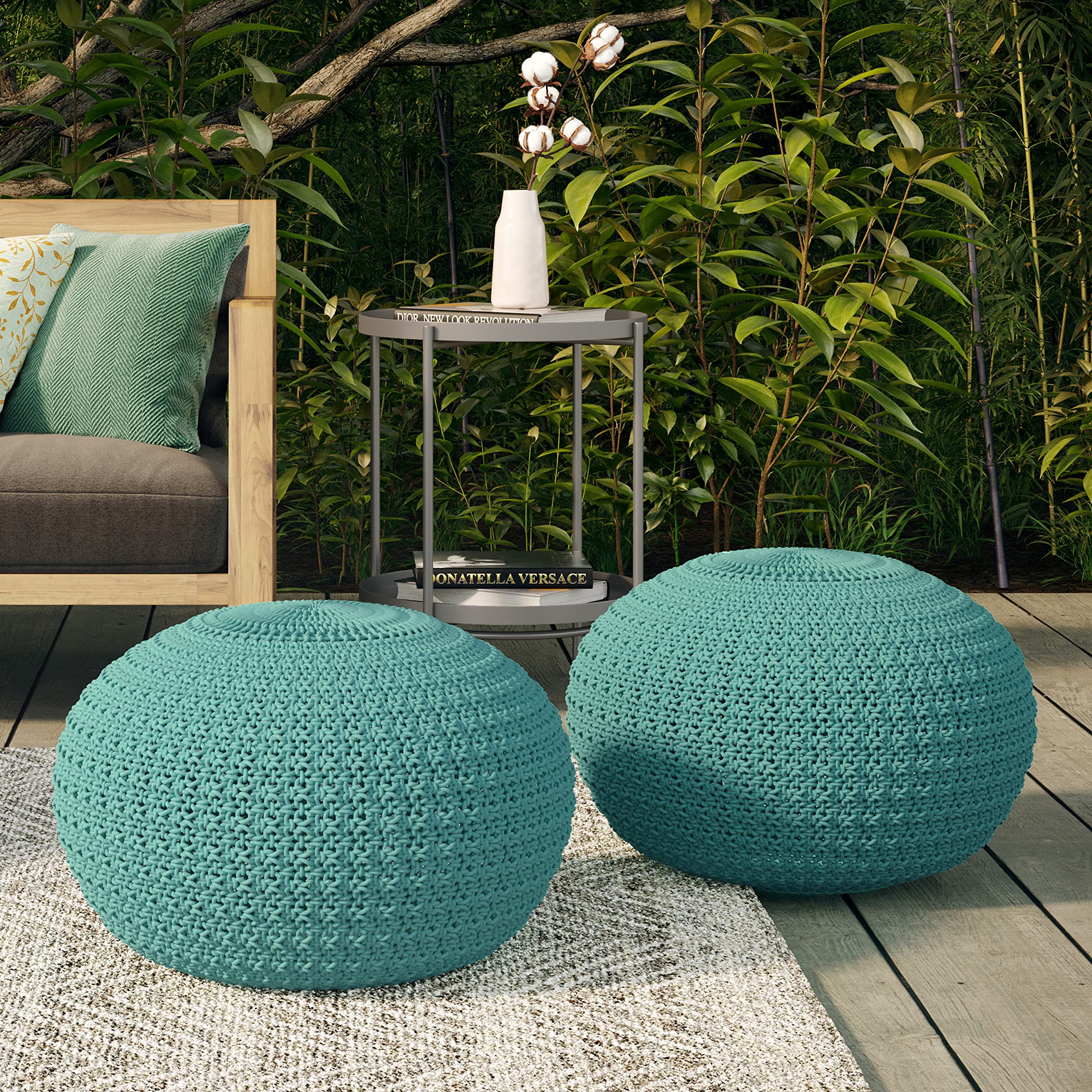 SIMPLIHOME Sonata Boho Round Knitted Pouf - Eco-Friendly Recycled PET Polyester Ottoman for Indoor & Outdoor Use - Perfect for Living Room, Bedroom, Nursery Decor - Cozy Seating & Footrest for Relaxation