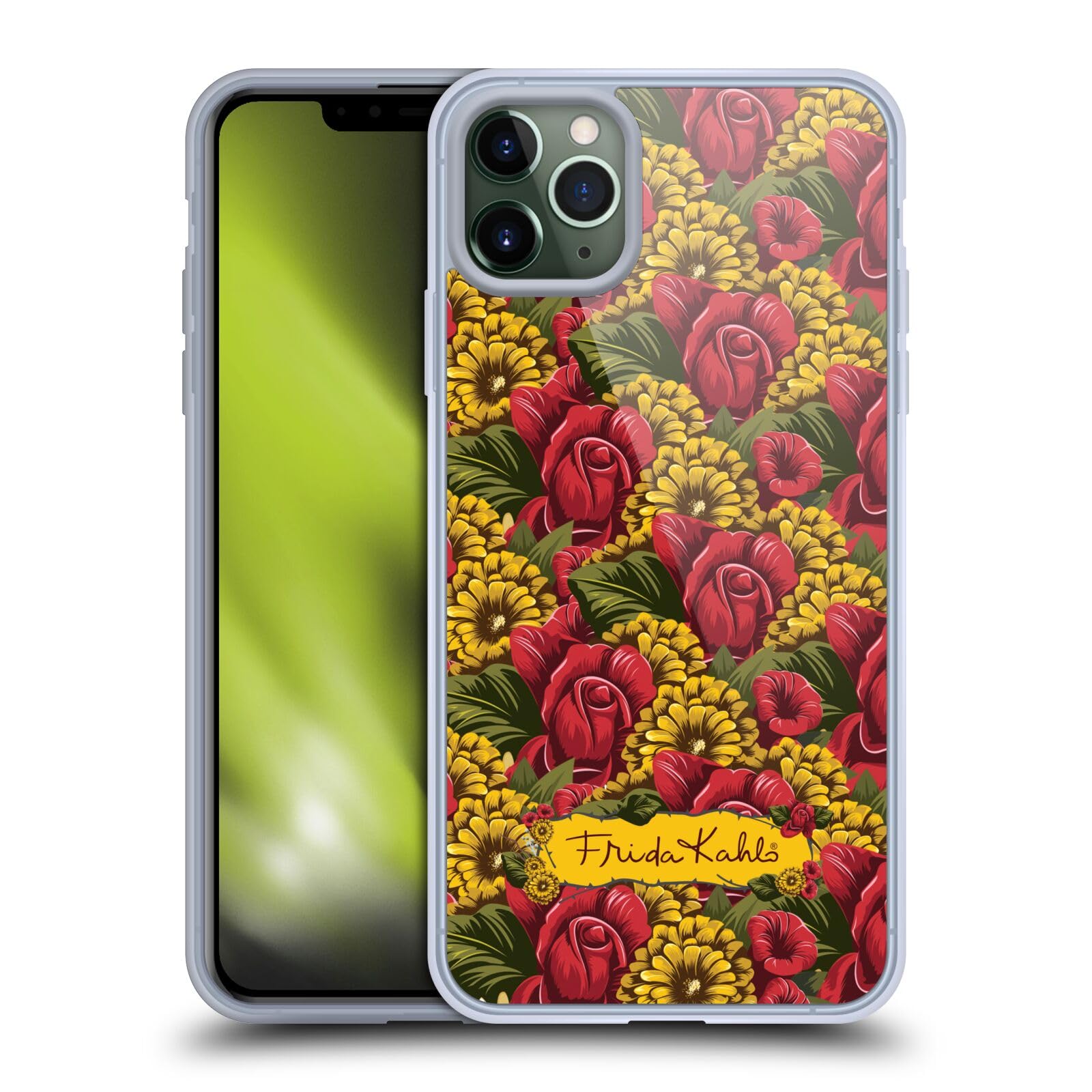 Officially Licensed Frida Kahlo Floral Pattern Soft Gel Phone Case for Apple iPhone 11 Pro Max - Stylish Protective Cover with Vibrant Red Flowers, Perfect for Art Lovers and Fashion Enthusiasts