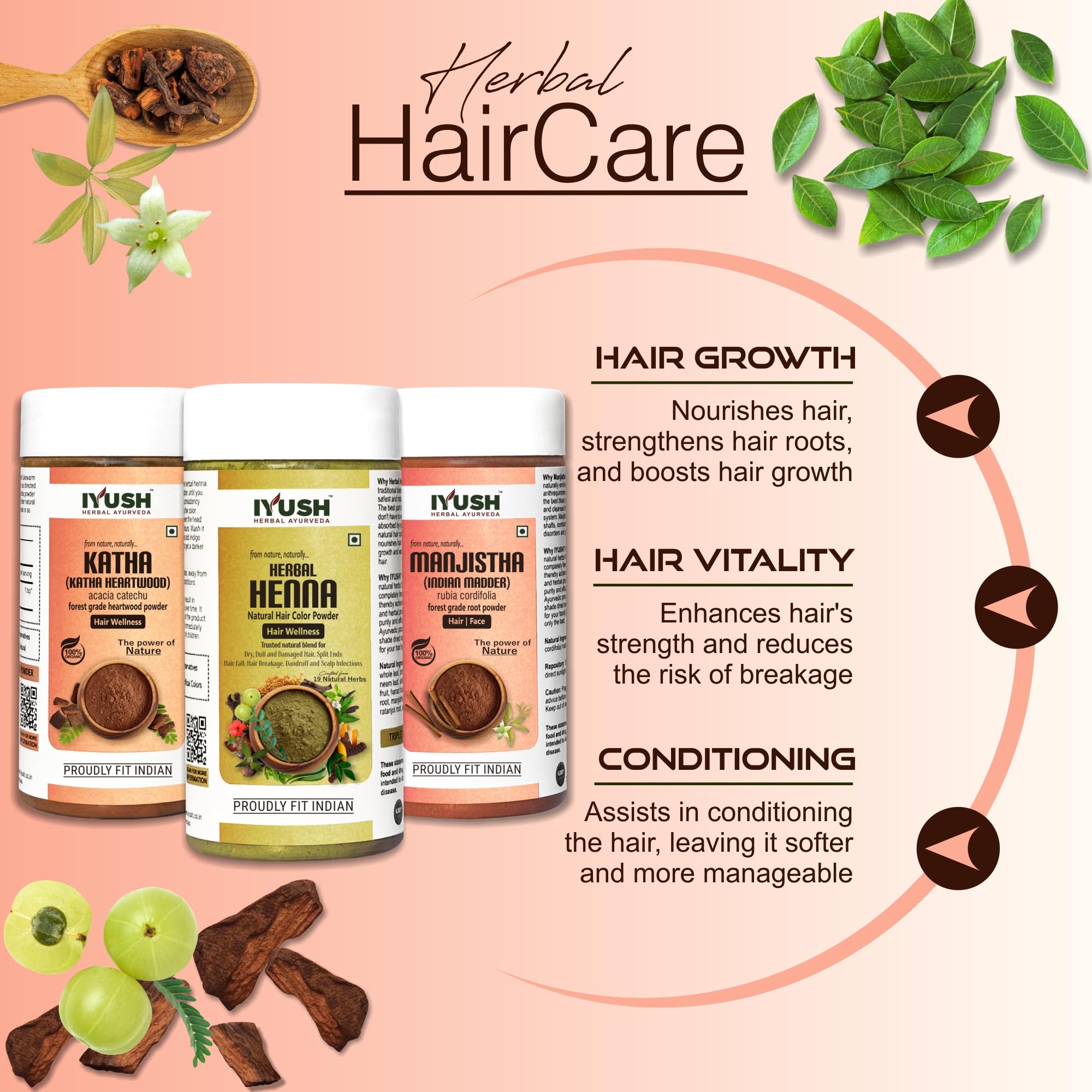 IYUSH Ayurvedic Manjistha Powder with Katha Powder & Herbal Henna Powder for Natural Hair Color & Growth – 300g | Organic Hair Volume Booster | Deep Conditioning Hair Mask | Perfect for DIY Hair Treatments & Ayurvedic Hair Care Routines