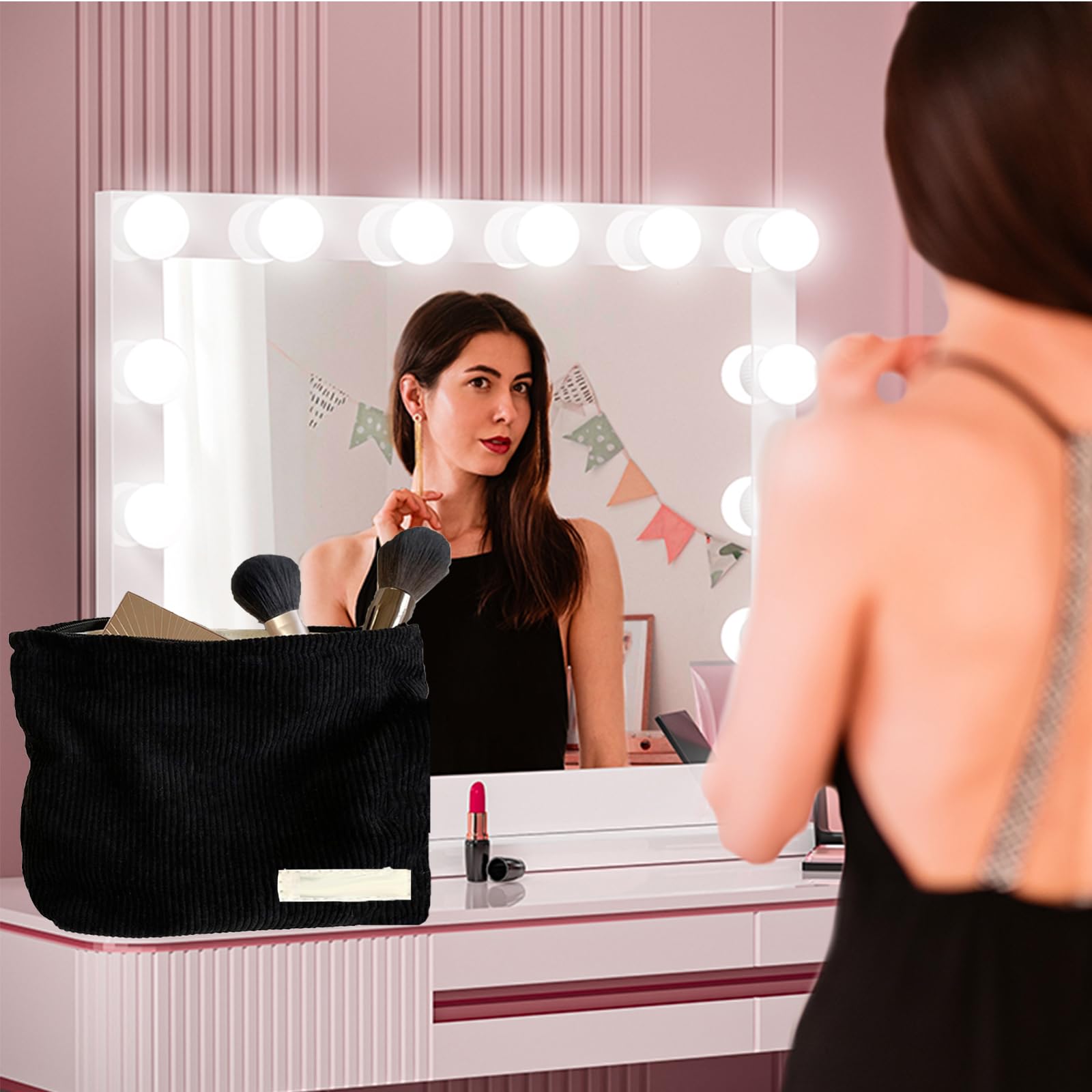 Black Corduroy Makeup Bag for Women - Waterproof Travel Toiletry Pouch & Cosmetic Organizer (Perfect for Gym, Vacation, Daily Use) - Ideal Gift for Women & Girls