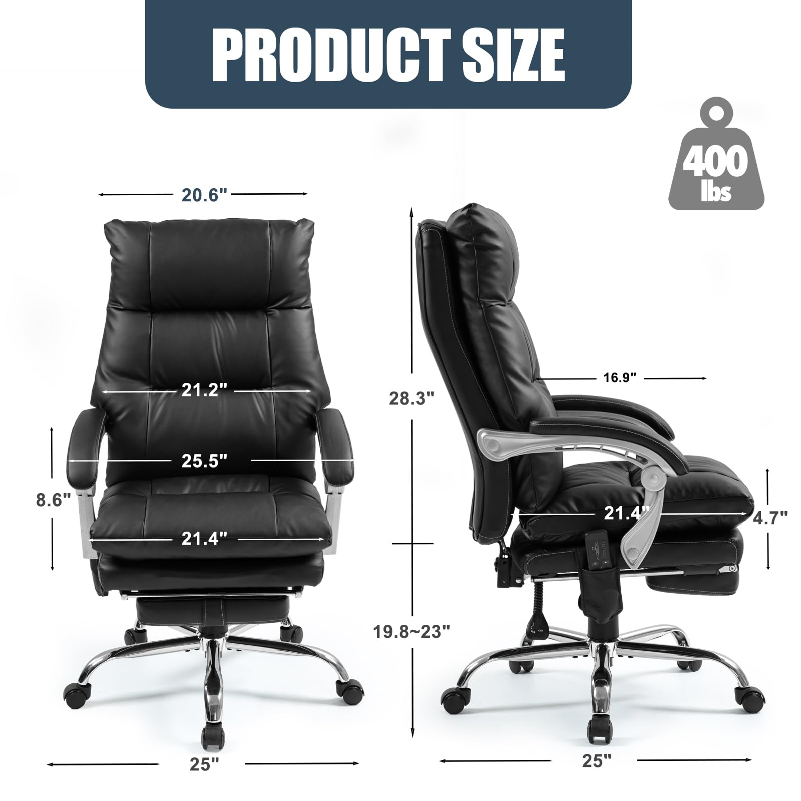 400lbs Big and Tall High Back Executive Leather Office Chair - Ergonomic Reclining Computer Desk Chair with Footrest | Heavy Duty Comfort for Home & Office Workspace (Black)