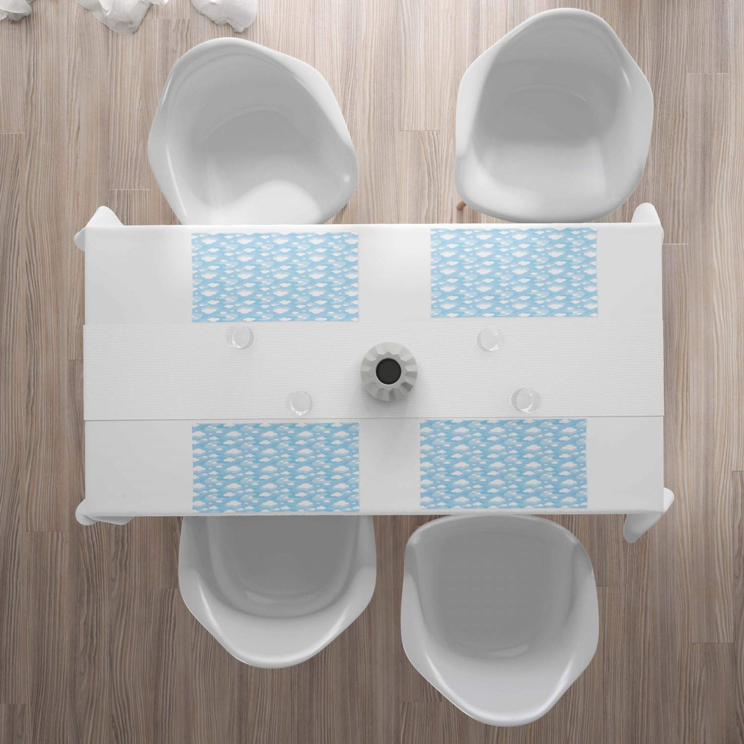 Ambesonne Blue Sky Place Mats Set of 4 - Fluffy Clouds Cartoon Design Washable Fabric Placemats for Dining Table - Standard Size Pale Blue & White - Perfect for Home Decor, Kitchen, and Party Table Settings