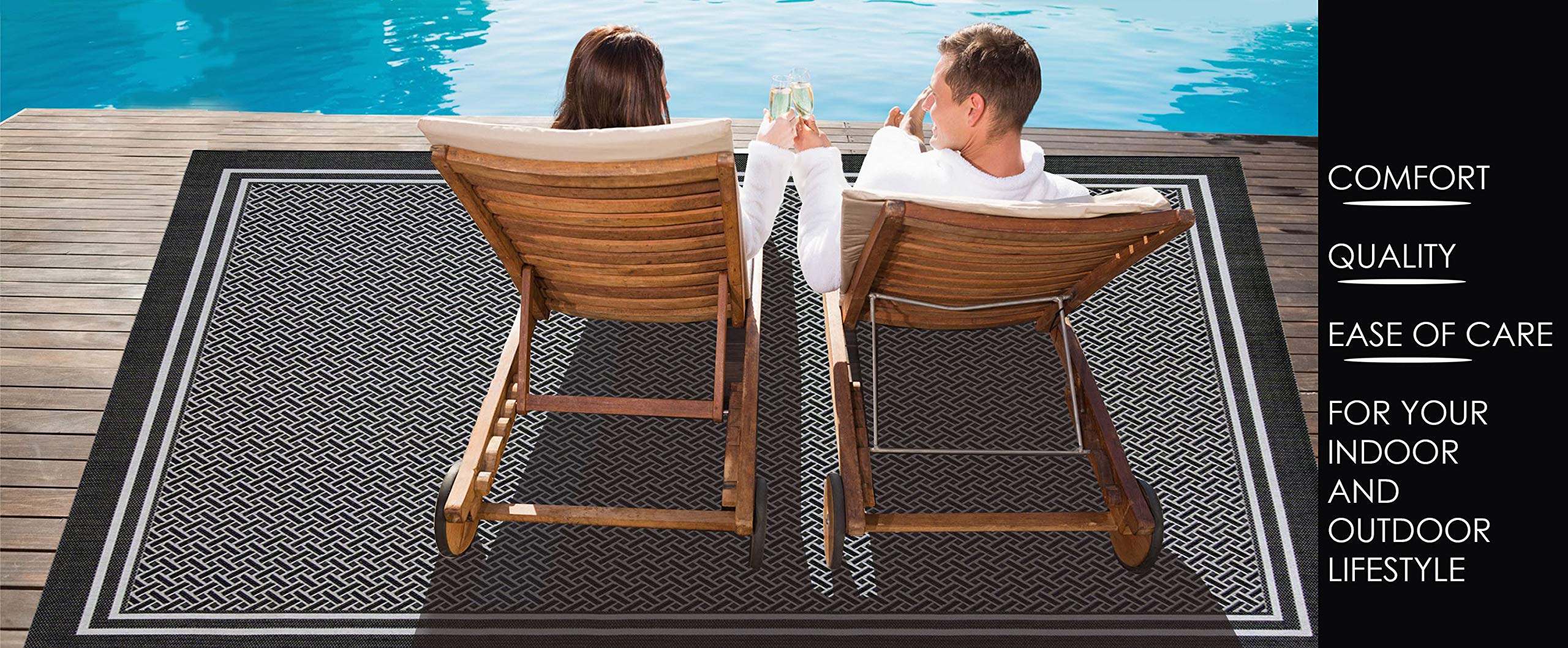 Gertmenian Indoor Outdoor Area Rug 6x9 FT - Classic Flatweave Washable Carpet with Stain & UV Resistance - Abstract Ocean Current Pattern in Black & White - Perfect for Deck, Patio, Poolside, Mudroom & High-Traffic Areas