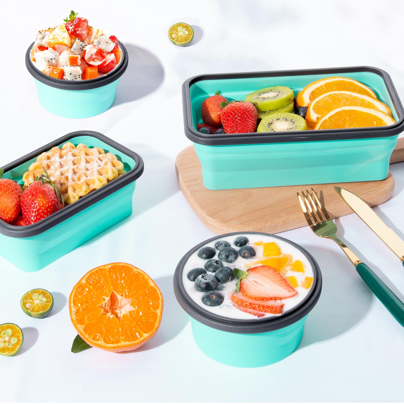 8 Pack Collapsible Food Storage Containers with Lids - Reusable Silicone Collapsible Bowls for Camping, RV, Travel Trailer, Picnic & Meal Prep (Mixed Sizes) - Space Saving Kitchen & Outdoor Storage Solution