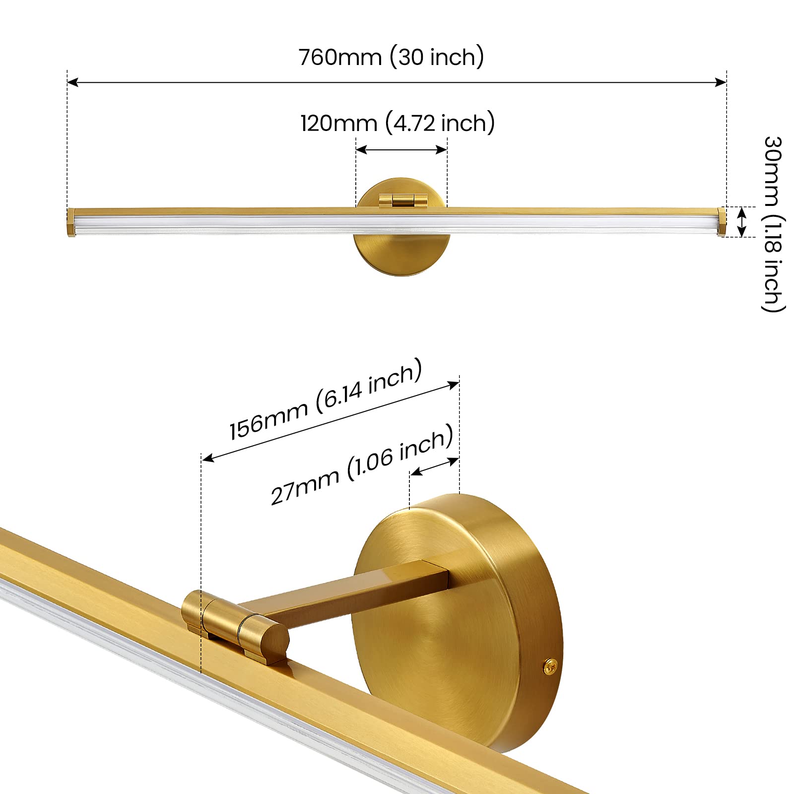 KAISITE 30 Inch Gold Modern LED Bathroom Vanity Light - 24W 4000K Dimmable Rotatable Light Fixture for Mirror Lighting | Perfect for Bathroom, Powder Room & Dressing Area Makeup Lighting