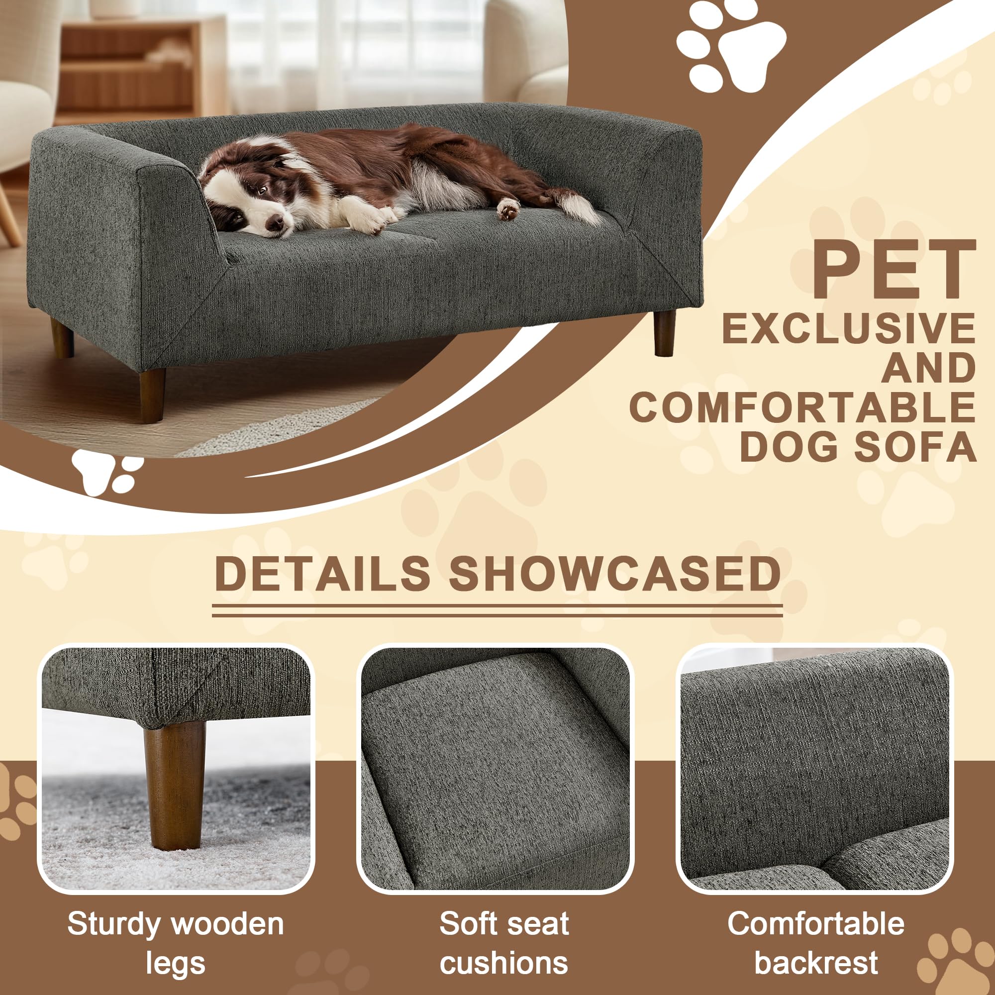 Memory Foam Dog Sofa Bed for Large Dogs Up to 60 lbs - Medium Size Pet Couch with Sturdy Legs, Dark Grey (39.75 Inch) - Perfect for Living Room, Bedroom & Pet-Friendly Spaces