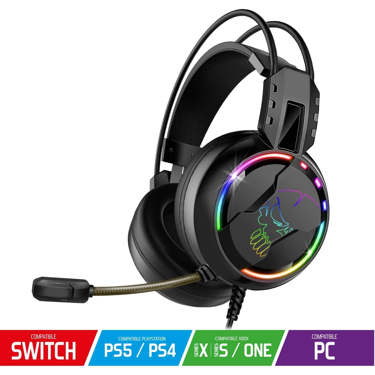SPIRIT OF GAMER PRO-H7 Gaming Headset with Noise Cancelling Mic, Rainbow LED Lights, Soft Leather Ear Cushions - Compatible with PS5, Xbox Series X, PC, PS4, Xbox One - Perfect for Competitive Gaming & Streaming