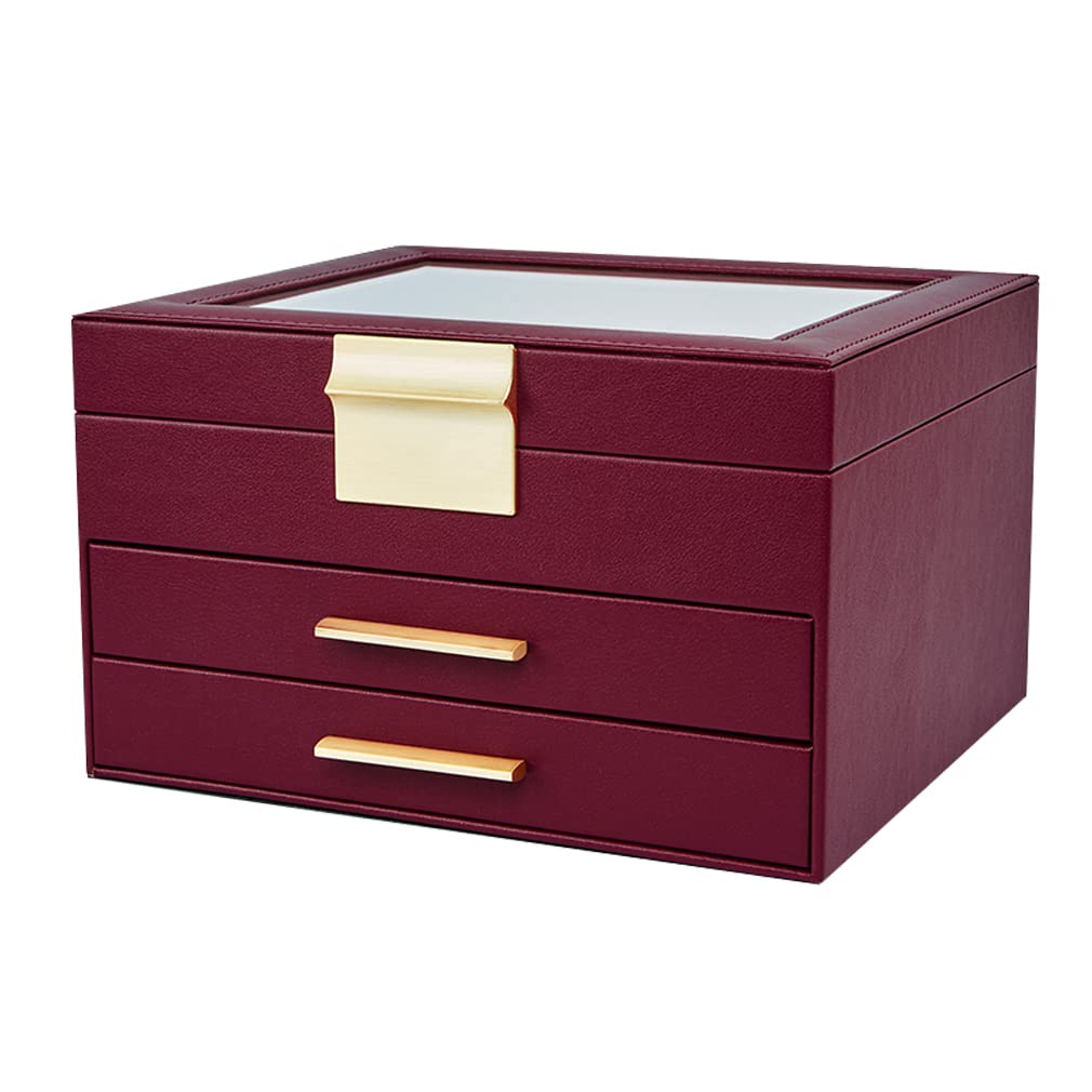 3-Layer Velvet Jewelry Box with Glass Top & 2 Drawers - Elegant Jewelry Organizer for Necklaces, Earrings, Rings & Bracelets - Perfect for Women's Dresser, Vanity or Travel (Red)