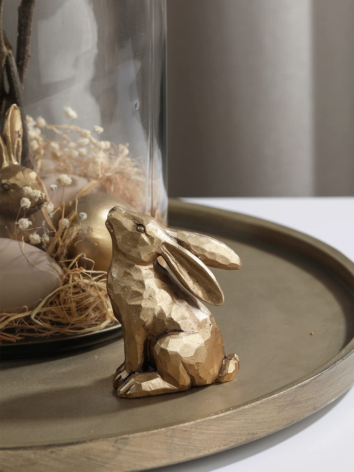 Golden Bunny Figurines Set of 3 - Easter Decor for Spring Tabletop & Home Display