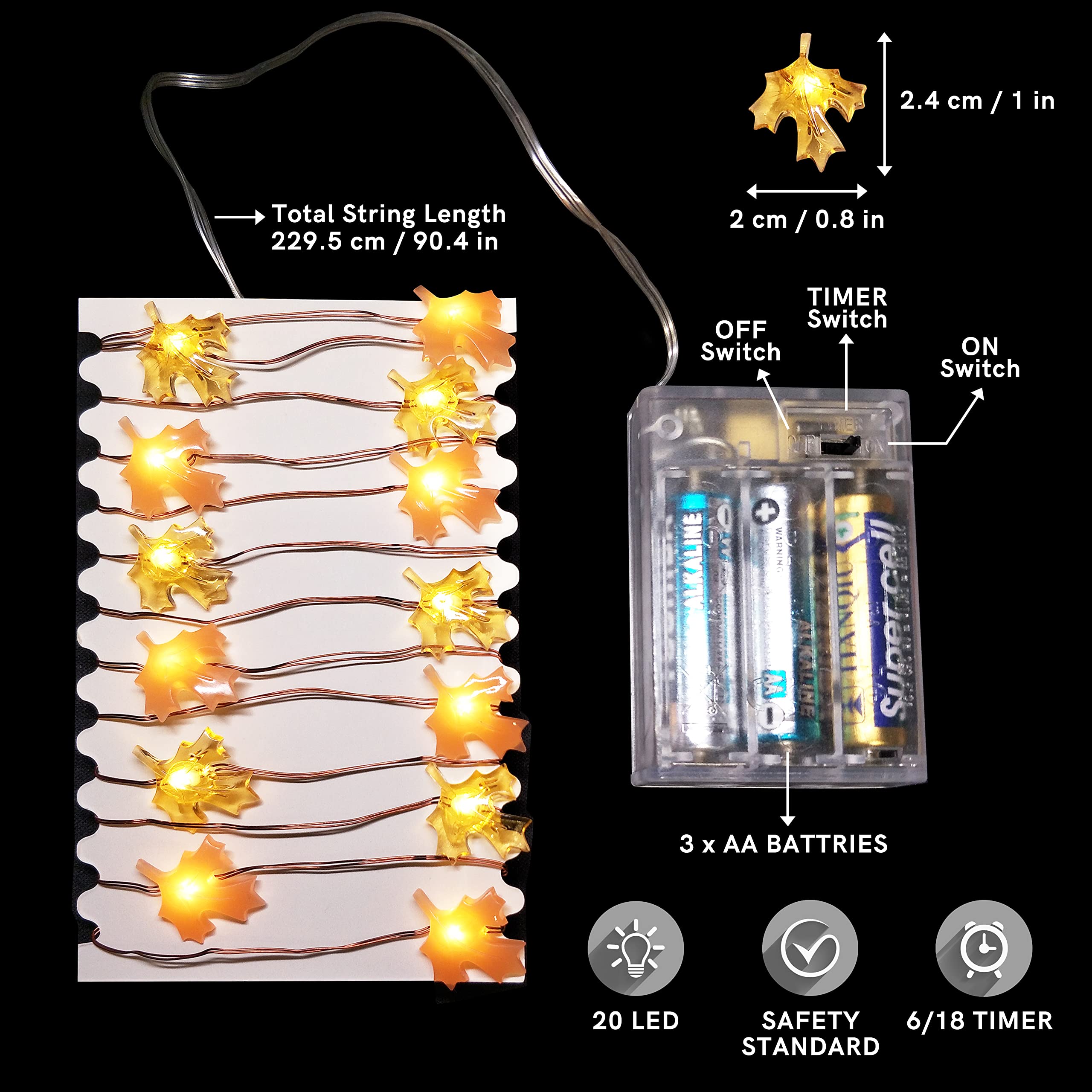 FURORA LIGHTING 20 LED Warm White Fairy Lights with 6/18 Hour Timer - 90 Inch Battery Operated Maple Leaf String Lights for Bedroom, Wedding, Party & Home Decor (Yellow & Pink)