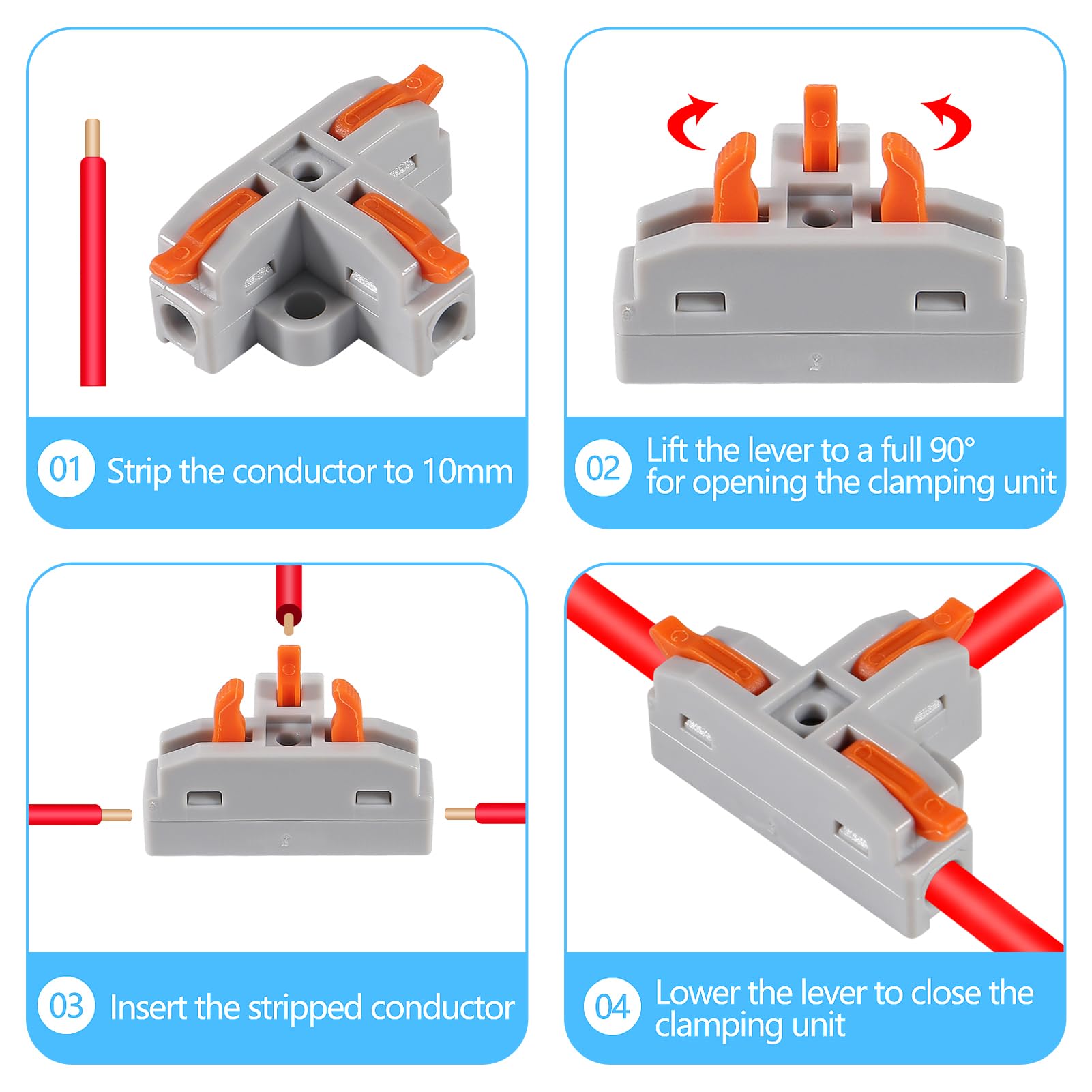 50PCS T-Shape Lever Wire Connectors - Quick Push-in Electrical Terminal Blocks for AWG 28-12 Wires | Ideal for Home Wiring, DIY Electrical Projects & Automotive Applications