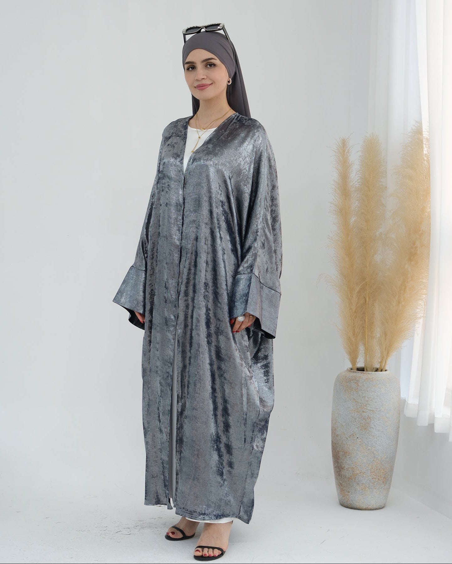 Draya Shimmer Kimono Open Abaya Silver - Elegant Muslim Women's Prayer Dress for Special Occasions & Evening Events