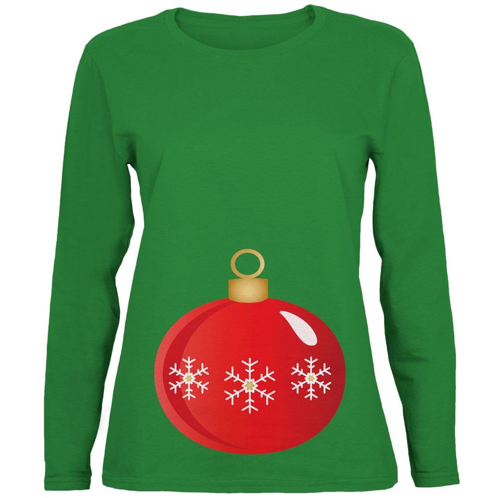 Old Glory Maternity Christmas Ornament Women's Long Sleeve T-Shirt - Green Size MD | Holiday Pregnancy Apparel for Christmas Photos & Family Gatherings