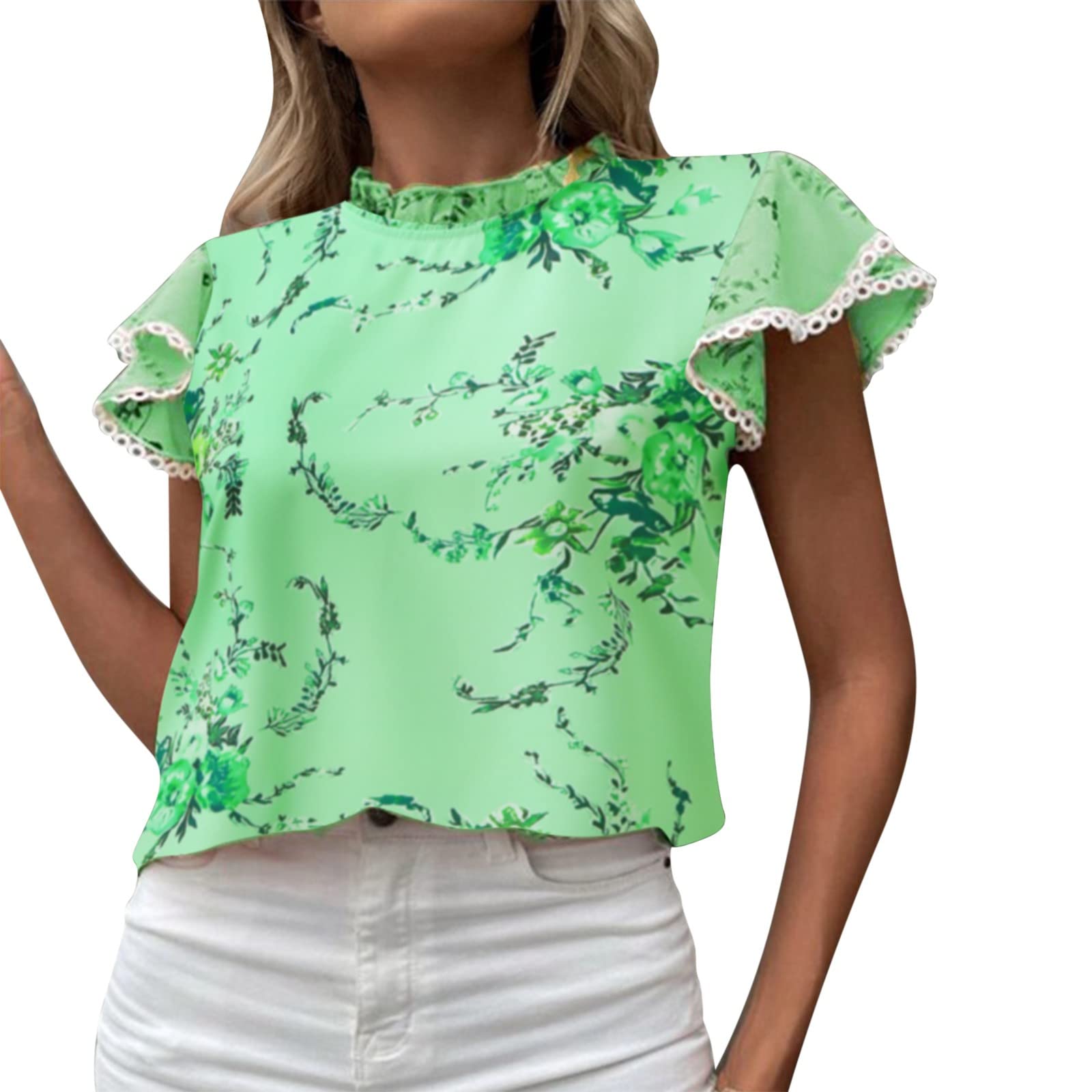 Plus Size Women's Floral Printed Baseball Tee - Split Tank Lace Blouse with Round Neck & Short Sleeves | Casual Summer Tops for Streetwear, Beach Outfits and Everyday Fashion