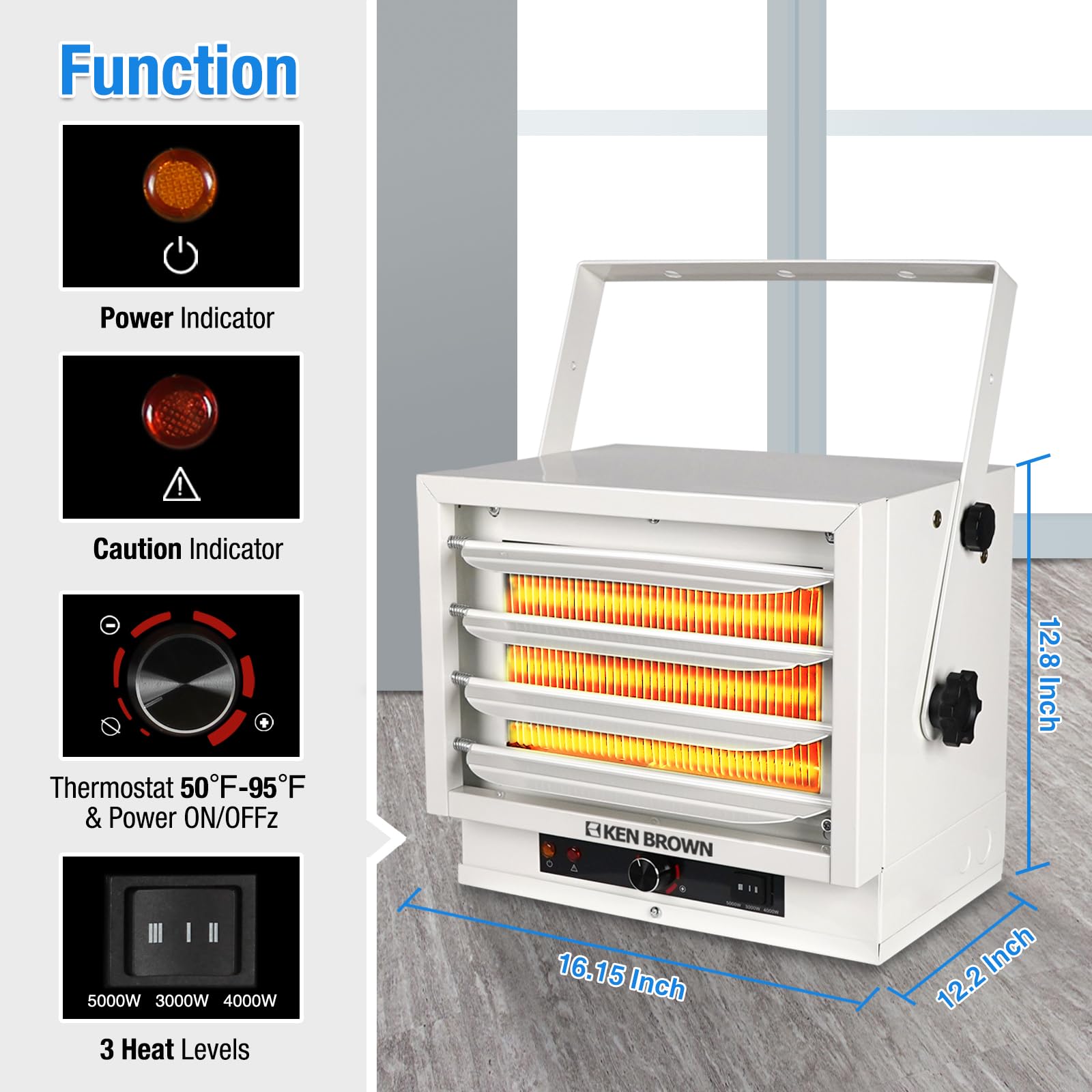 KEN BROWN 3000W/4000W/5000W Electric Garage Heater - 240V Hardwired Ceiling Mount Shop Heater with Fan Forced Heating, 3 Heat Levels & Thermostat - Perfect for Garage, Workshop, Warehouse, Greenhouse, Basement & Large Spaces