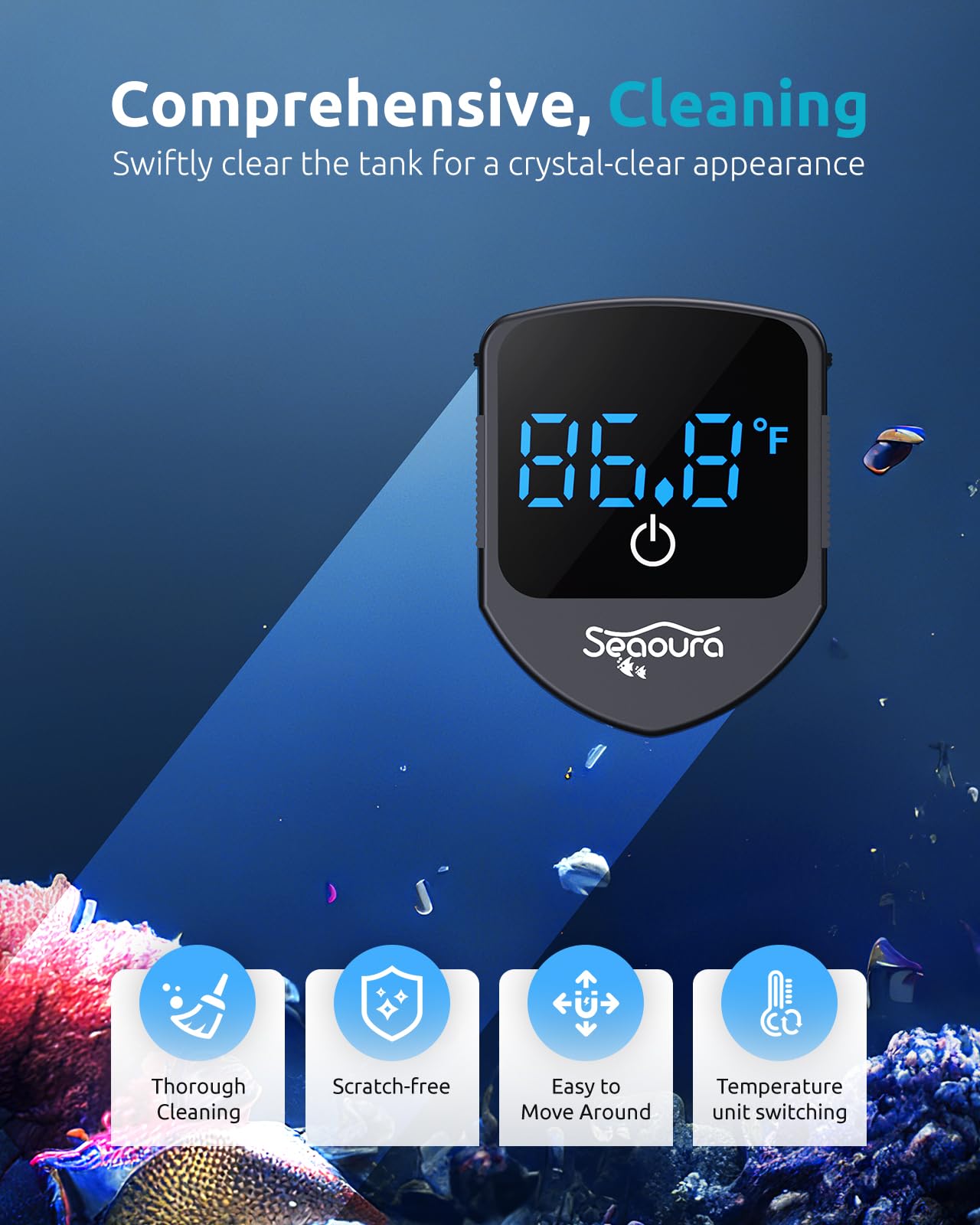 2-in-1 Magnetic Aquarium Cleaner with Thermometer for Glass Tanks (1-30 Gal) - Fish Tank Cleaning Tool