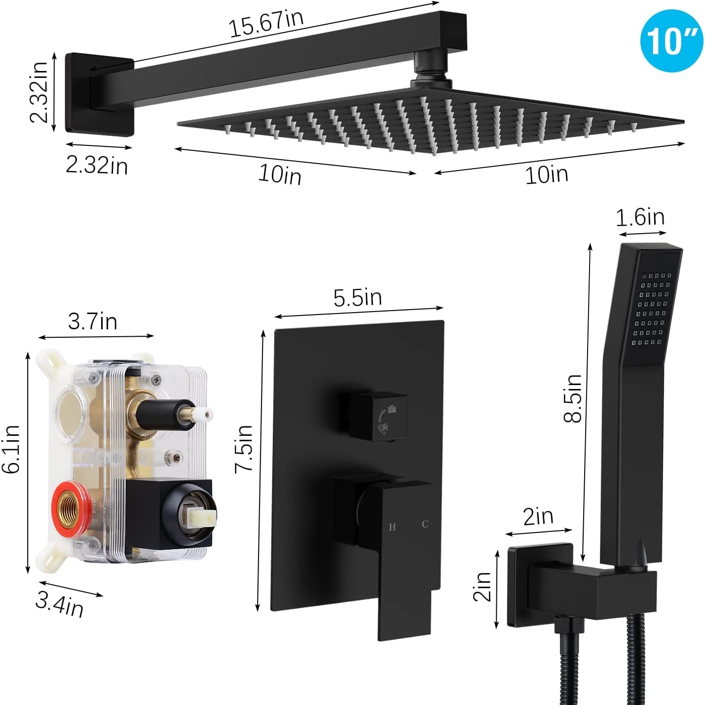 Qomolangma 10 Inch Black Rain Shower System - Wall Mounted Bathroom Faucet Set with Pressure Balance Valve, 2-Function Shower Head (Rain & Handheld Spray) - Perfect for Modern Home Spa & Luxury Bathroom Renovation