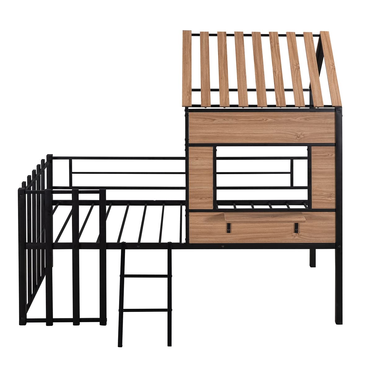 TRIPLE TREE Twin Size Low Loft Bed with Ladder - Sturdy Metal House Bed Frame with Roof, Window & Safety Guardrails for Kids & Teens - No Box Spring Needed - Black - Perfect for Small Bedrooms, Dorm Rooms & Kids' Play Areas