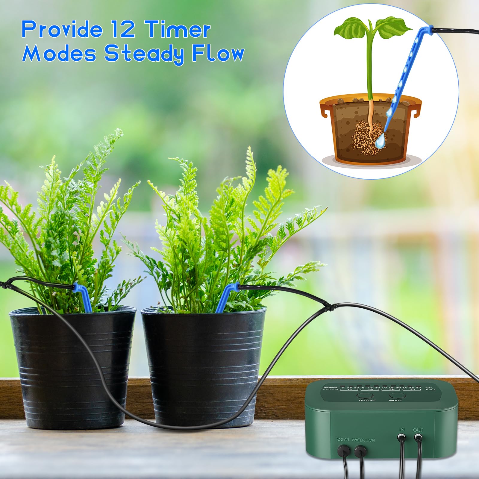 PChero Solar Automatic Drip Irrigation Kit - 12 Timer Modes Solar Powered Watering System for Indoor, Balcony, Outdoor Garden & Greenhouse - Supports 15 Pots (Perfect for Vacation Plant Care & Water Conservation)