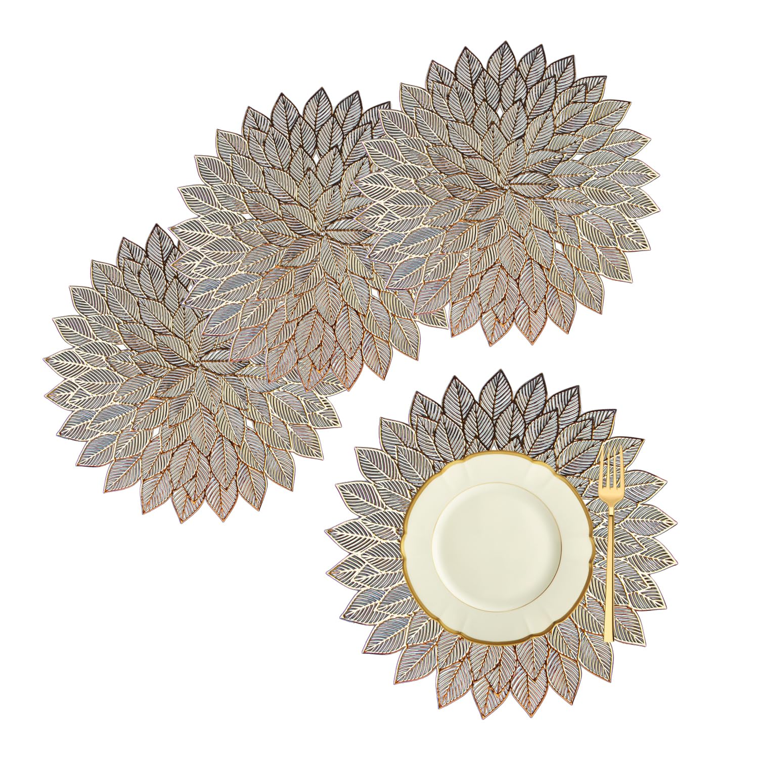 Kuber Industries Designer Round Flower Placemat Set - 4 Piece Golden Table Mats for Dining Room, Side Tables, and Home Decor