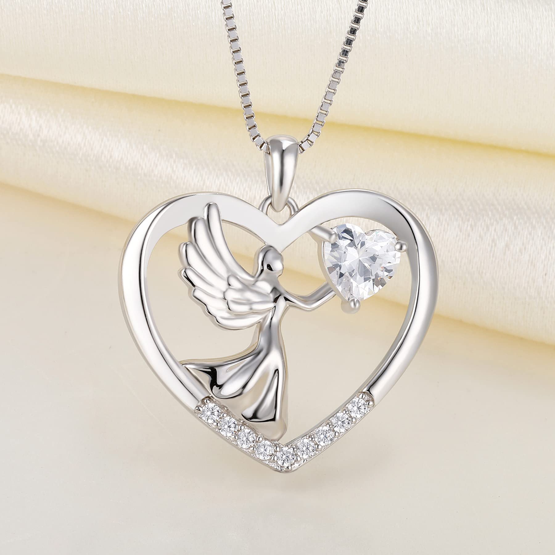 YL Sterling Silver Heart Necklace with Angel Wings & Birthstone Pendant - Elegant Love Jewelry for Women | Perfect Gift for Valentine's Day, Anniversary & Mother's Day