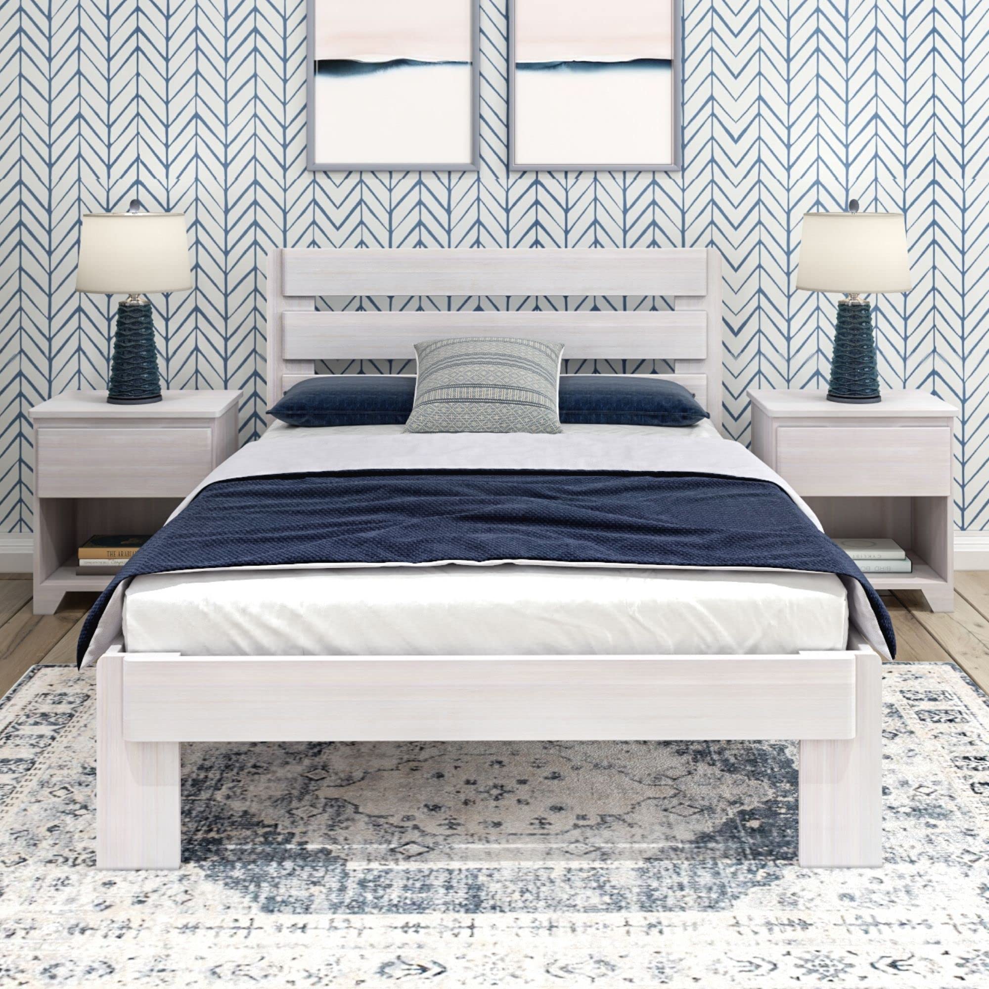 Rustic White Wash Wood Full Bed Frame with Headboard - Solid Platform Bed with Slatted Support for Bedroom, Guest Room & Dormitory
