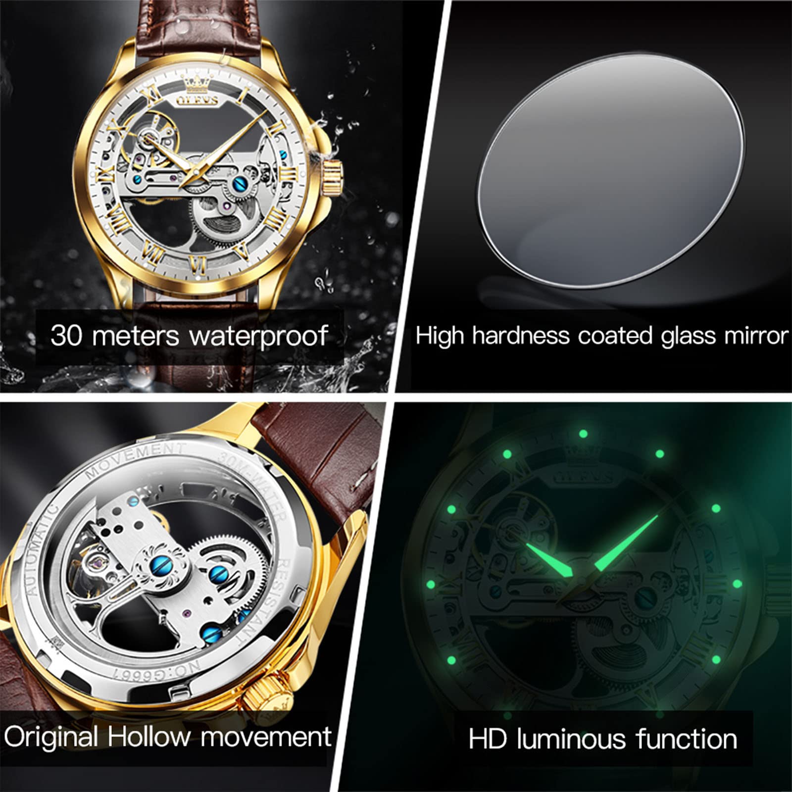 OLEVS Men's Skeleton Automatic Watch - Self Winding Mechanical Dress Watch with Leather Band, Large Face, Waterproof - Perfect for Business, Casual & Formal Occasions