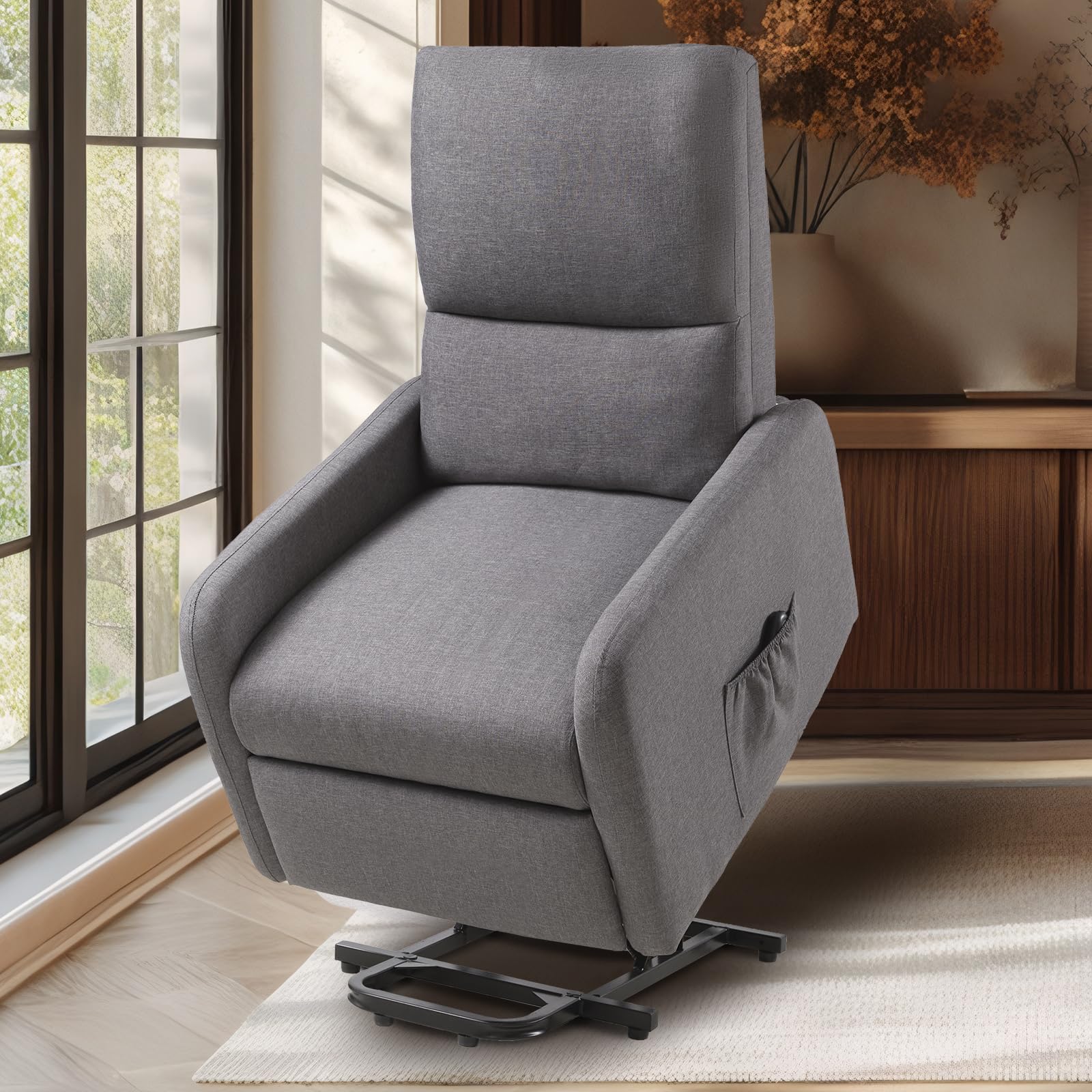 Jocisland Power Lift Recliner Chair for Elderly - Electric Recliner with High Back & Side Pocket - Comfortable Modern Upholstered Sofa in Linen Grey - Perfect for Living Room, Bedroom & Nursing Care