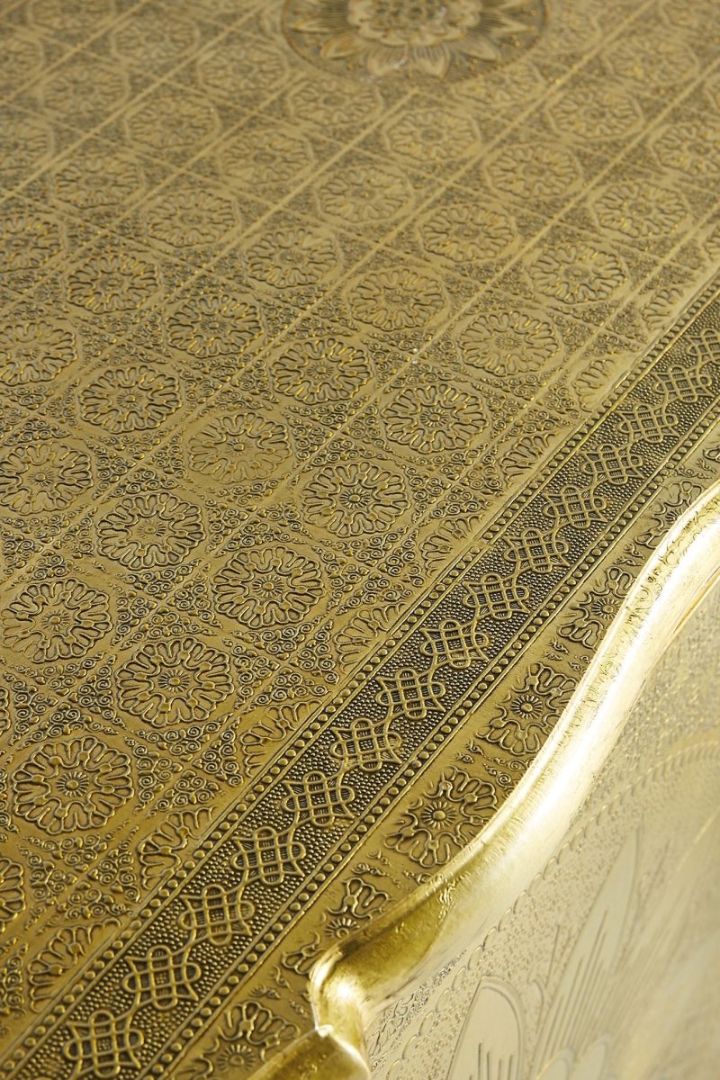 Golden Hand Embossed Lotus Buffet Table - Indian Brass Metal Sideboard with Intricate Design | Elegant Dining Room Furniture for Home Decor & Entertaining Guests