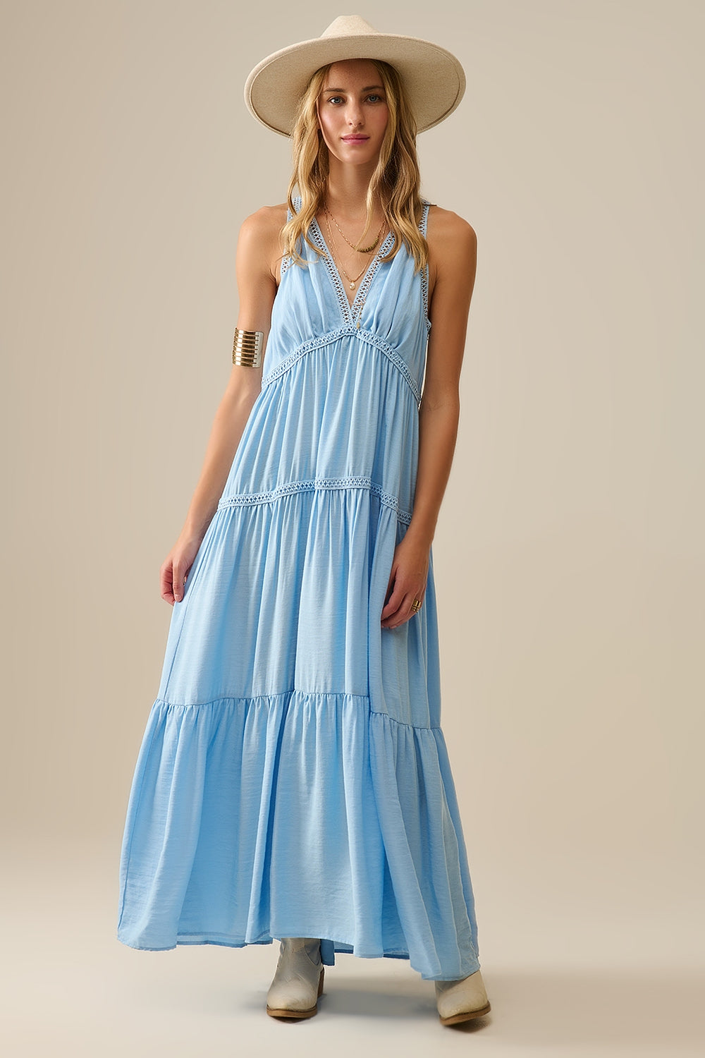 Elegant Long Flowy Robe with Lace Inserts in Light Blue - Perfect for Spa, Bridal Showers & Relaxing at Home