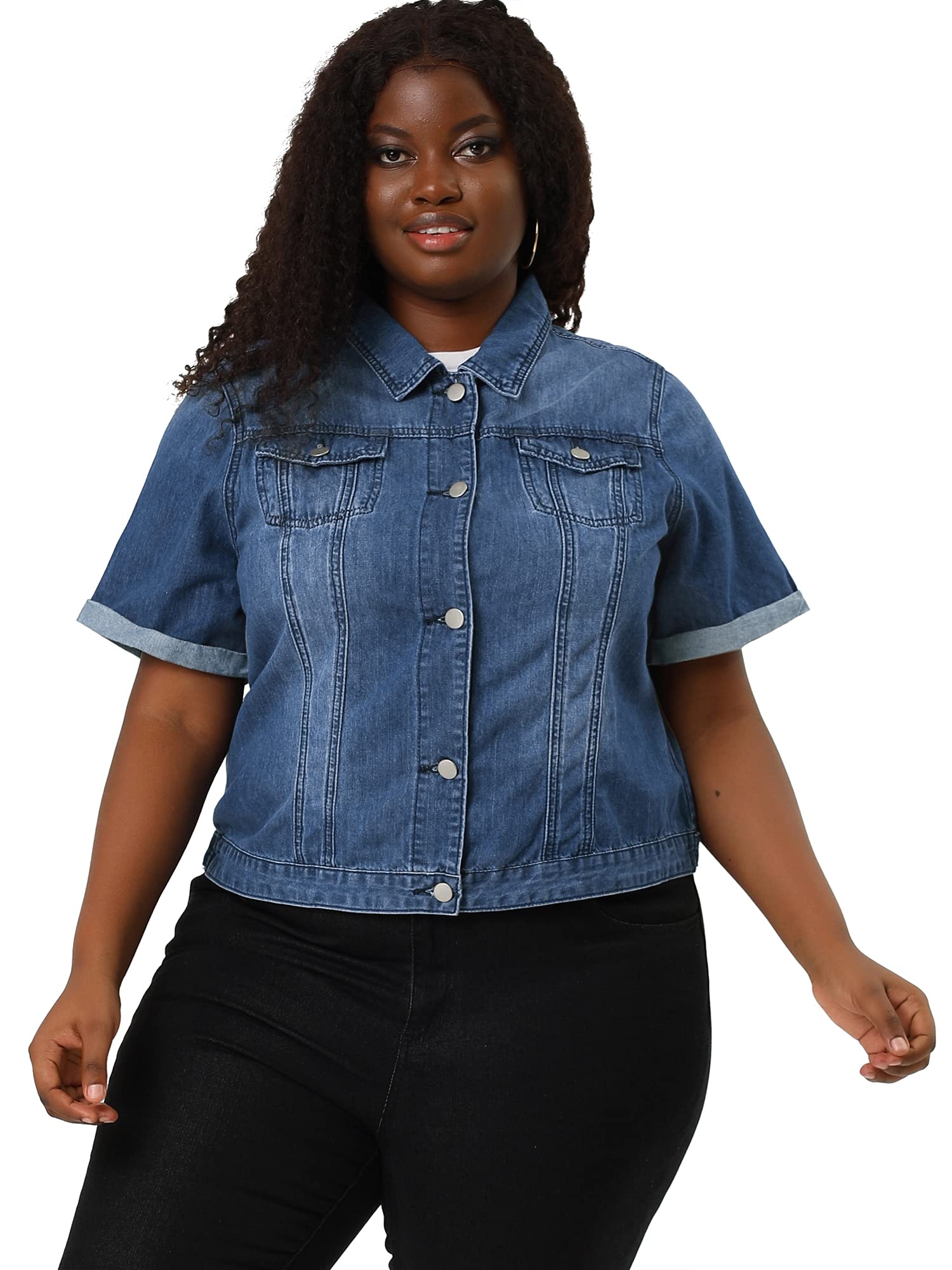 Agnes Orinda Women's Plus Size Denim Jacket - Button Front Work Crop Jean Jacket with Short Sleeves | Trendy 2025 Fashion | Perfect for Casual Outings, Work Wear & Spring Layering