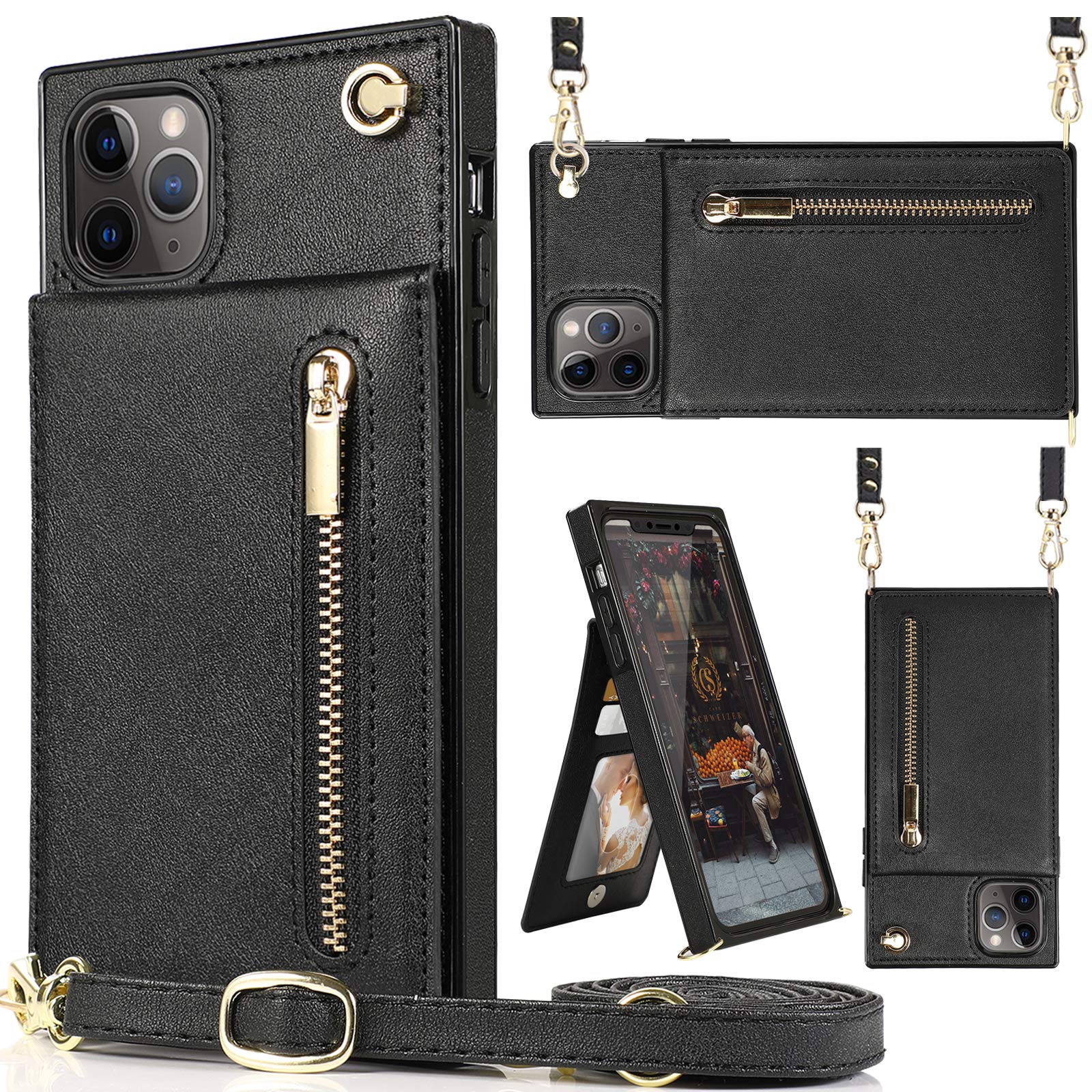 HOGGU Leather Wallet Case for iPhone 11 Pro Max - Crossbody Phone Purse with Card Holder, Kickstand & Magnetic Closure | Removable Strap & Protective Back Cover | Perfect for Travel, Shopping & Daily Use (Black)