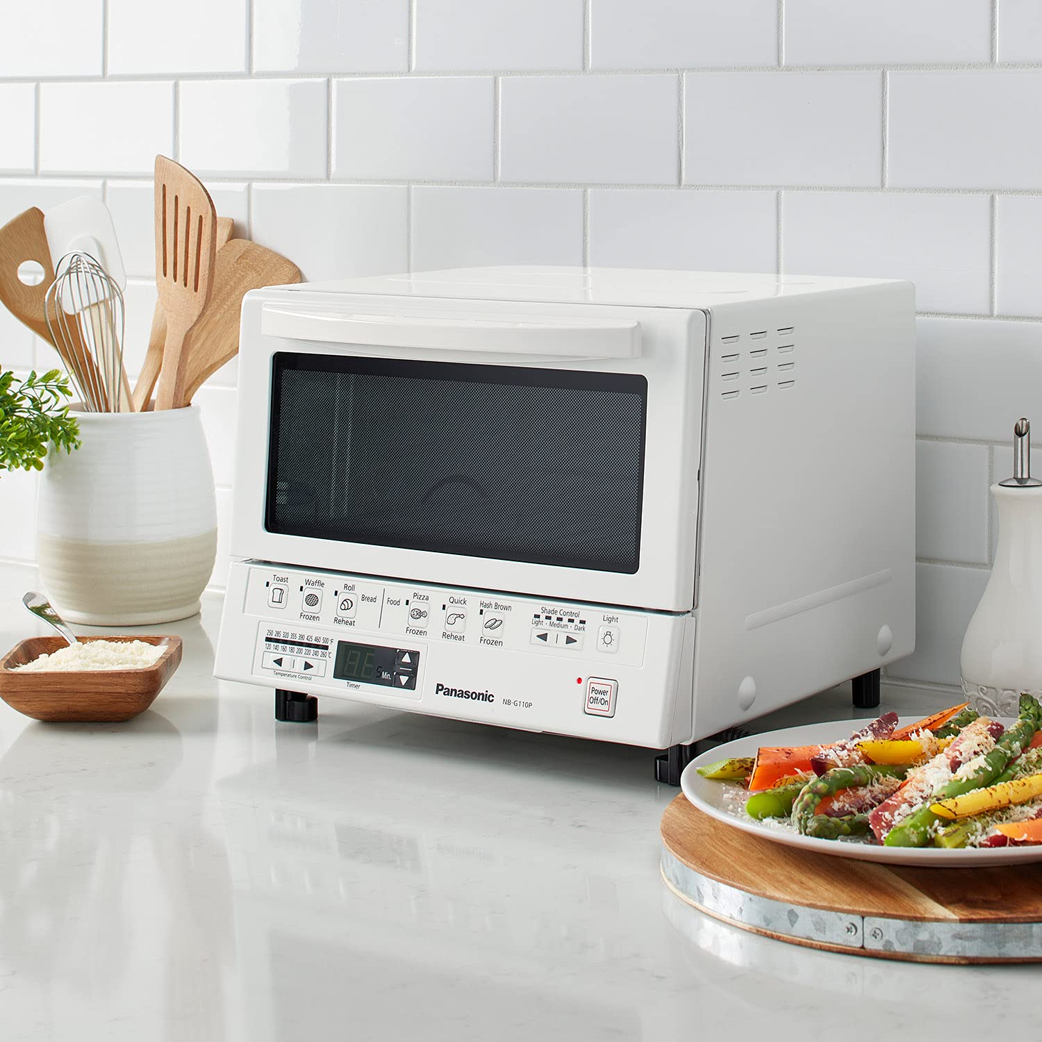 Panasonic FlashXpress Toaster Oven - 4-Slice Countertop Oven with Double Infrared Heating, 6 Auto Cook Functions & Precise Temp Control, 1300W (White, NB-G110-W) - Perfect for Baking, Broiling, Toasting & Reheating Meals in Small Kitchens, Dorms or Offices