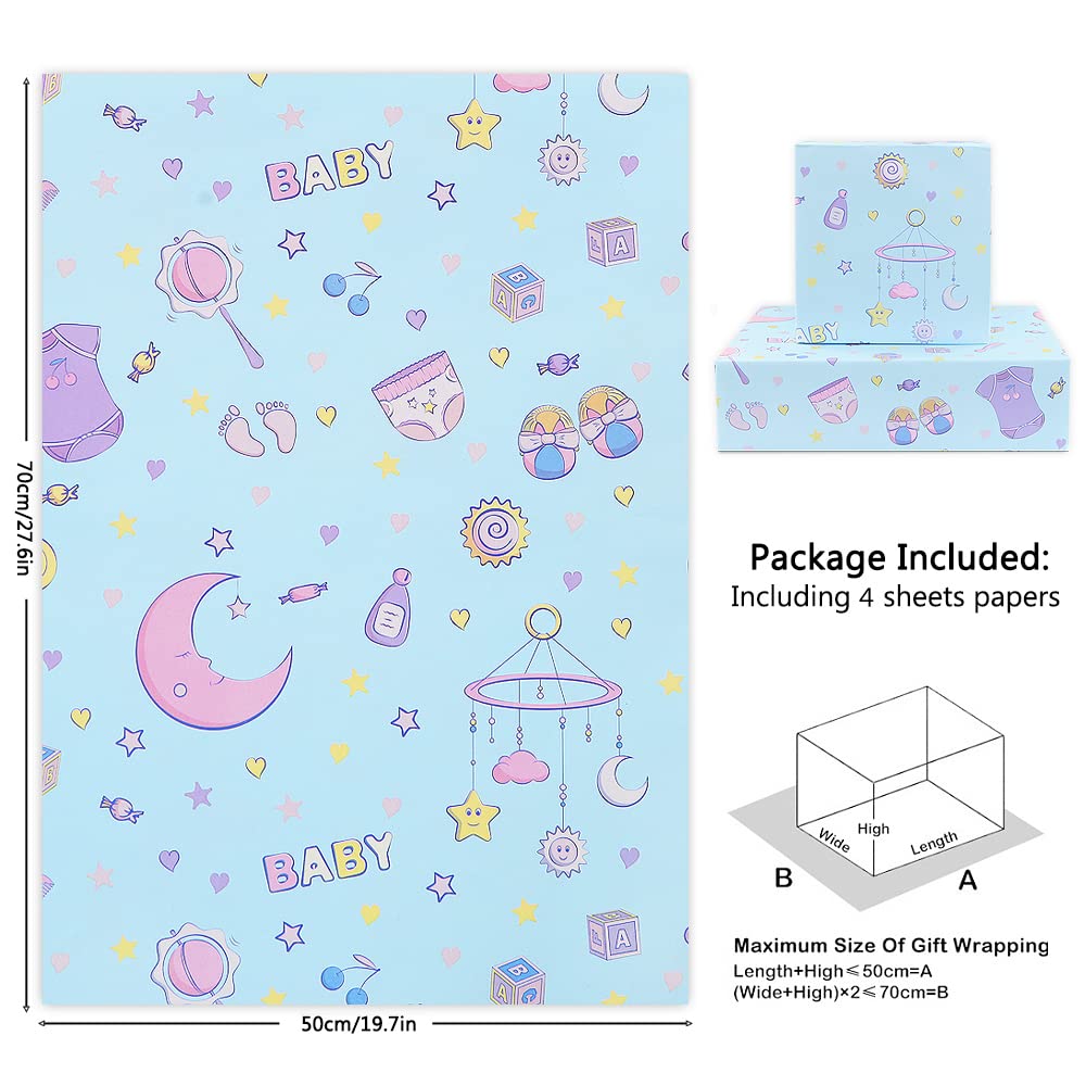 Baby Boy Wrapping Paper - 4 Sheets Blue Cartoon Print with Moon Footprint Design | Perfect for Baby Showers, Newborn Gifts, Toddler Birthdays & Christmas Parties | Great for Diaper Gifts, Romper Presents & Sleeping Accessories