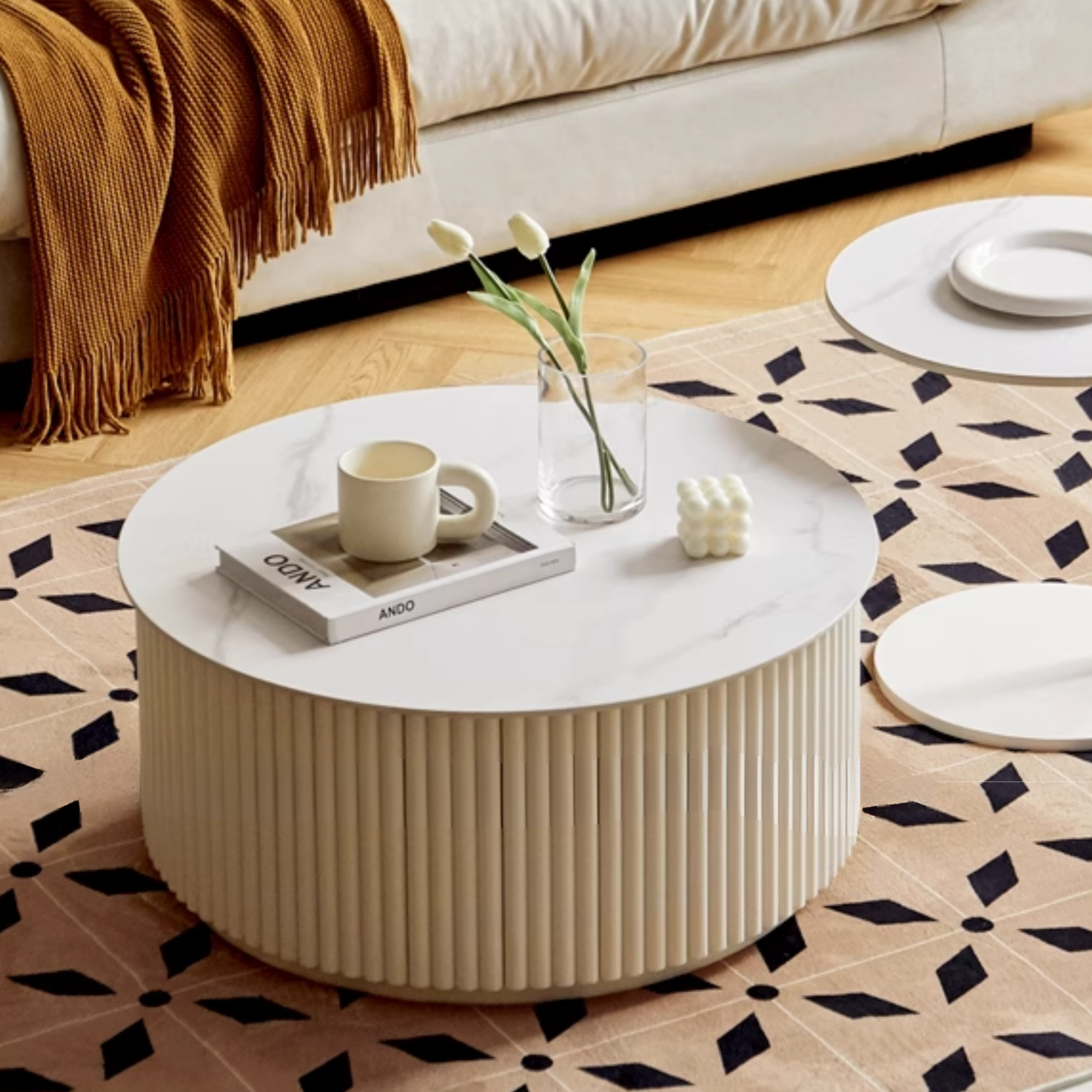 Birch Solid Wood Cream Style Rock Plate Coffee Table - Modern Scandinavian Living Room Furniture for Small Spaces, Home Decor, and Cozy Gatherings