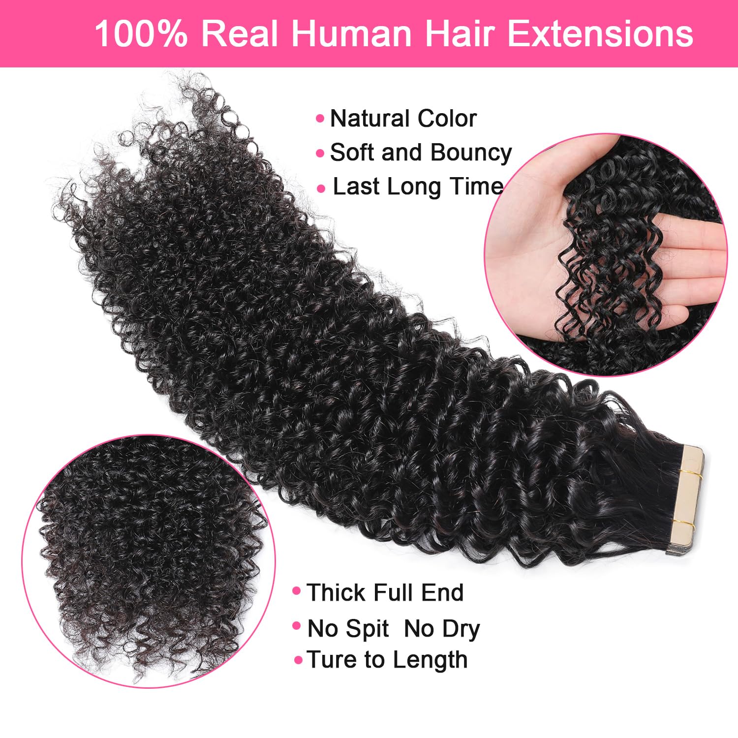 60pcs Tape in Hair Extensions - 100% Human Hair for Black Women - Kinky Curly 3C/4A Tape Ins - Seamless & Invisible 20 Inch Extensions (150g) - Perfect for Daily Wear, Parties & Special Occasions