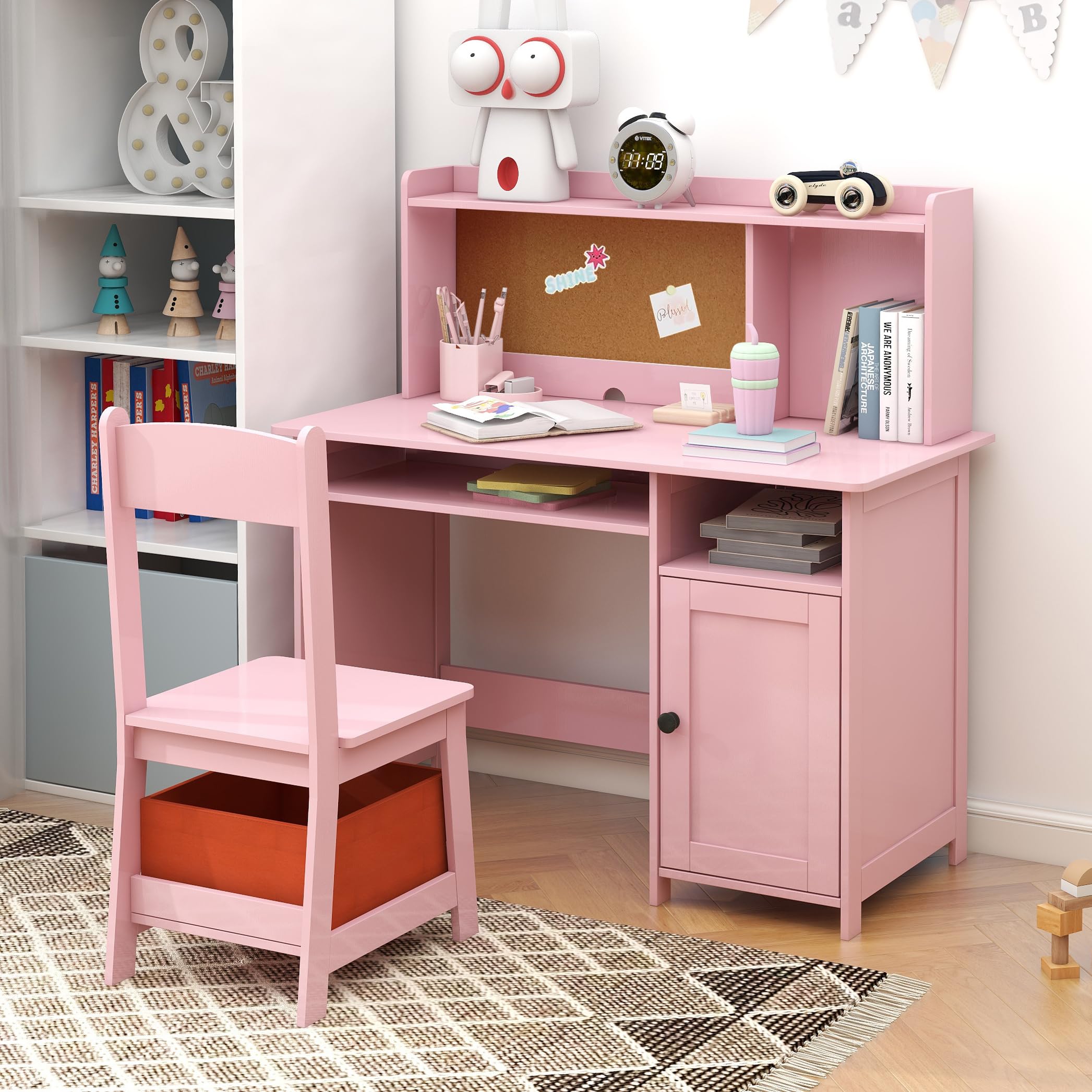 Pink Wooden Toddler Table and Chair Set for Kids - Study Desk with Storage, Craft Table, Kids Bedroom Furniture - Perfect Gift for Girls (Pink) - Ideal for Homeschooling, Arts & Crafts, and Playroom Activities