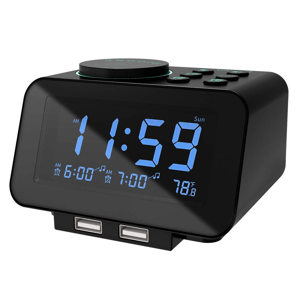 USCCE Digital Dual Alarm Clock Radio with 0-100% Dimmer, Weekday/Weekend Mode, 6 Alarm Sounds & Adjustable Volume | FM Radio with Sleep Timer, Snooze Function | 2 USB Charging Ports, Built-in Thermometer & Battery Backup | Perfect for Bedroom, Office & Travel Use