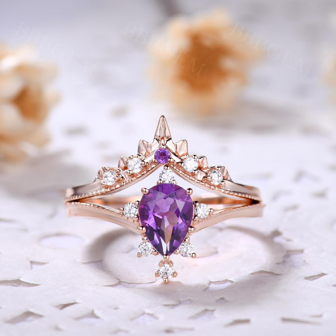 Natural Amethyst Purple Crystal Ring Set - 2 Piece Pear Cut Wedding Band for Women, Elegant Gemstone Jewelry Gift for Brides, Anniversary & Special Occasions