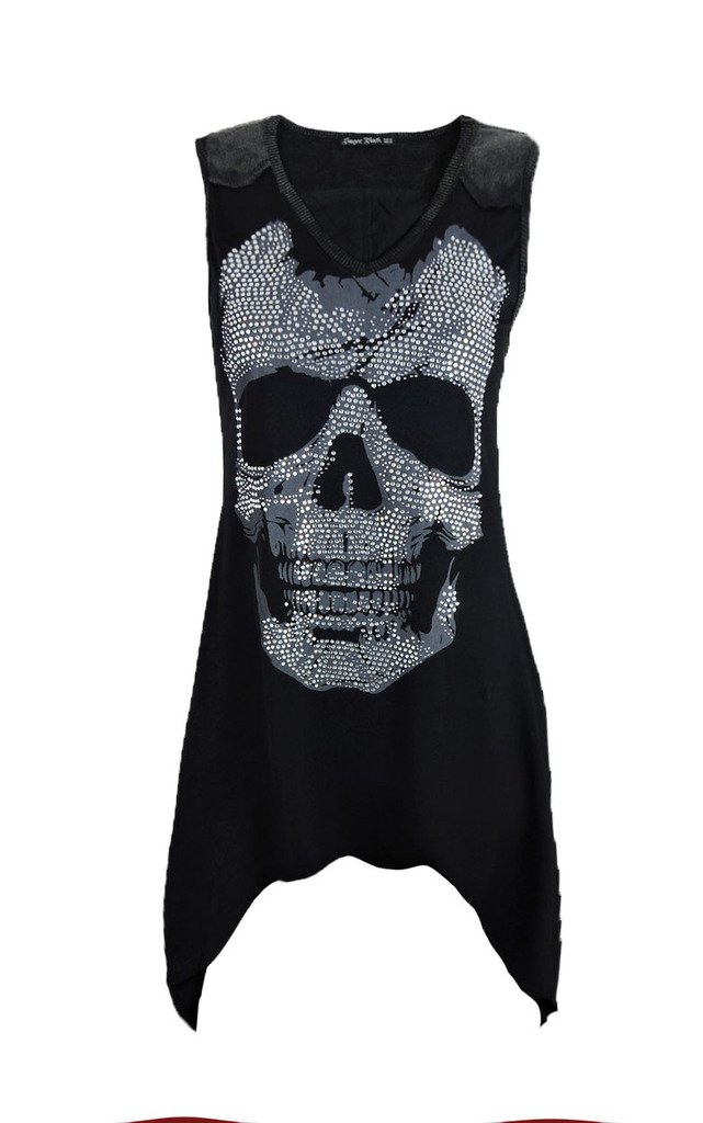 Rock Style Sugar Tunic Tank Top with Shark Bite Skull Crystal Shoulder Trim & Mineral Wash - Perfect for Concerts, Festivals, and Gothic Fashion