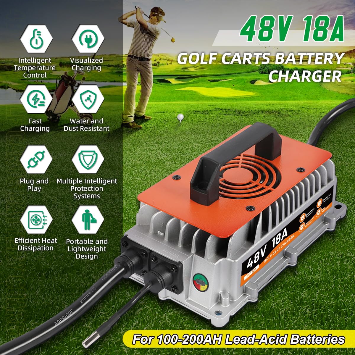 48 Volt Golf Cart Battery Charger for Club Car Precedent & DS Models - 18AMP Smart Fast Charger with 16Ft Cable | Fully Automatic Charging for Lead-Acid Batteries | Perfect for Home, Golf Course & RV Use