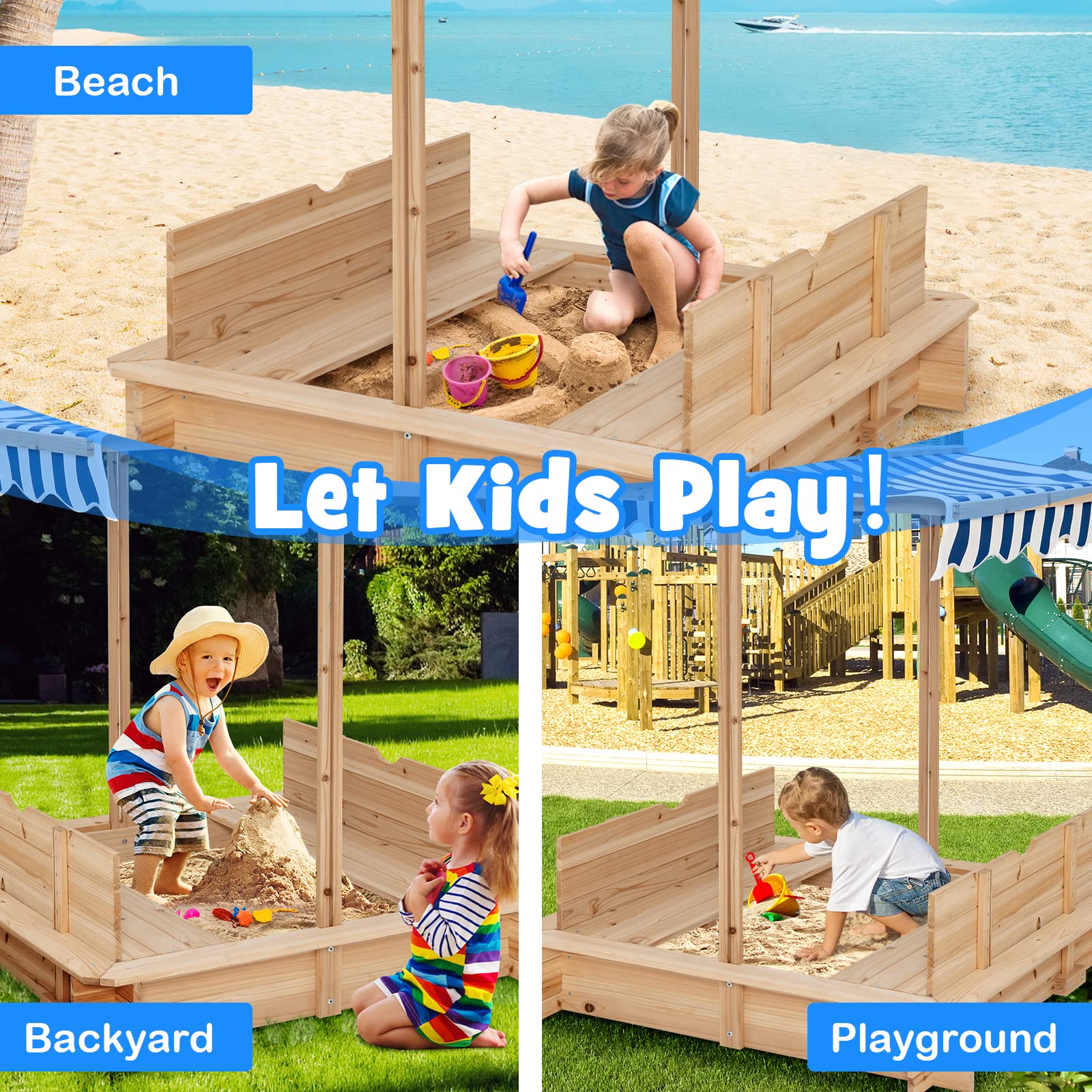 HONEY JOY Kids Sandbox with Canopy - Cedar Wood Bottomless Sand Pit for Backyard, Patio, Lawn & Garden - Outdoor Square Sandbox with Bench Seat & Backrest - Includes Lid - Perfect Gift for Boys & Girls Ages 3+ - Great for Outdoor Play, Sensory Activities & Backyard Fun