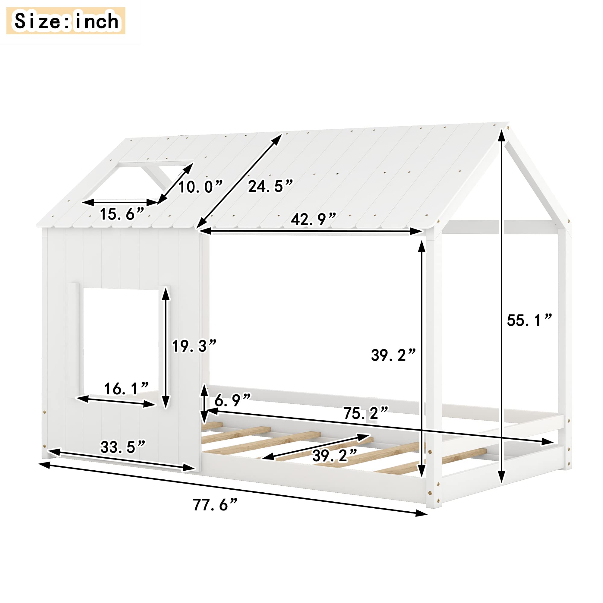 Montessori Twin Size Floor Bed with Roof & Window - Solid Wood Platform Bed Frame for Kids, Teens, Girls & Boys - White - Perfect for Playrooms, Bedrooms & Montessori Learning Spaces