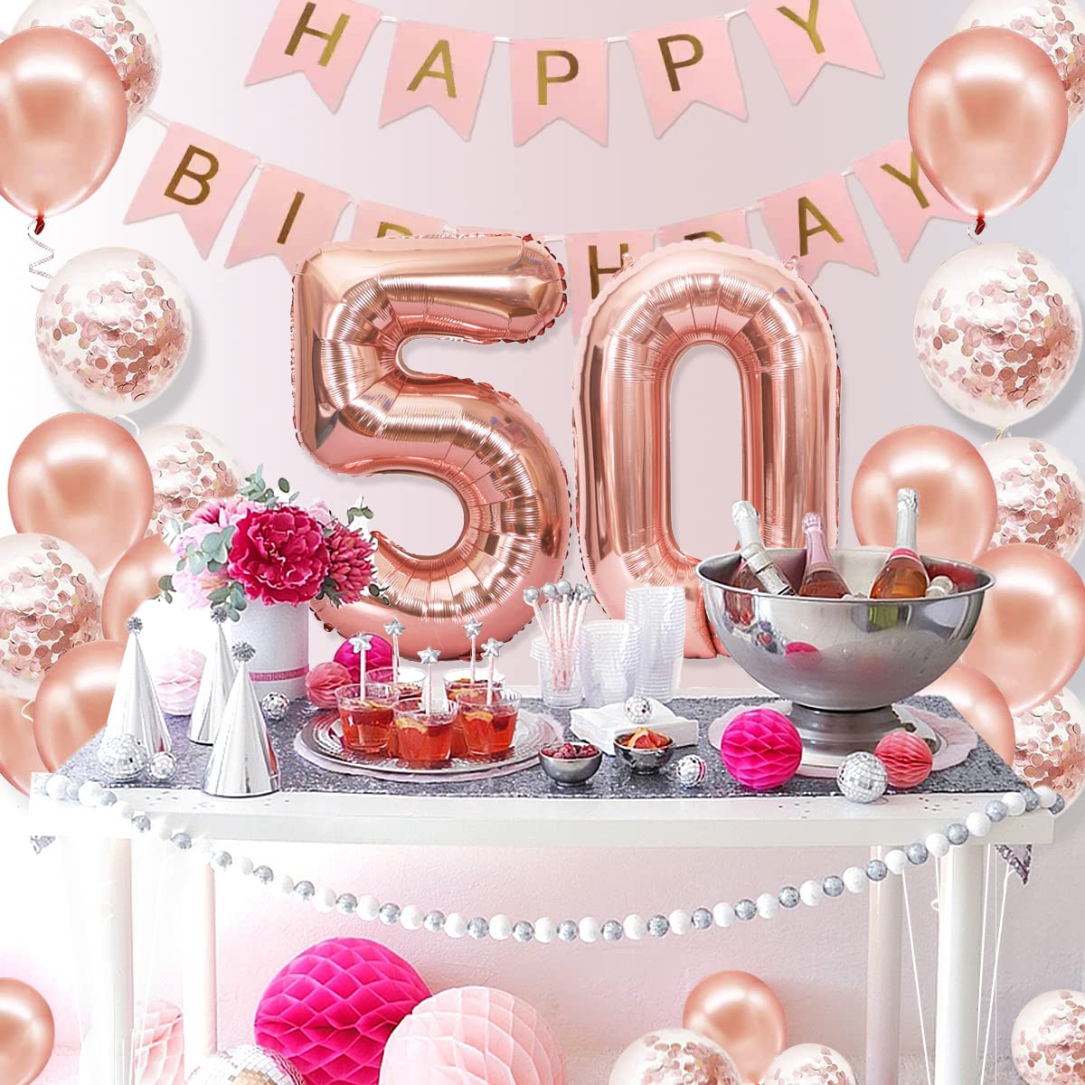 50th Birthday Party Decorations for Women - Rose Gold Happy 50th Birthday Banner, Crown, Sash, Cake Topper & Number Balloons Set - Perfect for Milestone Celebrations, Surprise Parties & Photo Backdrops