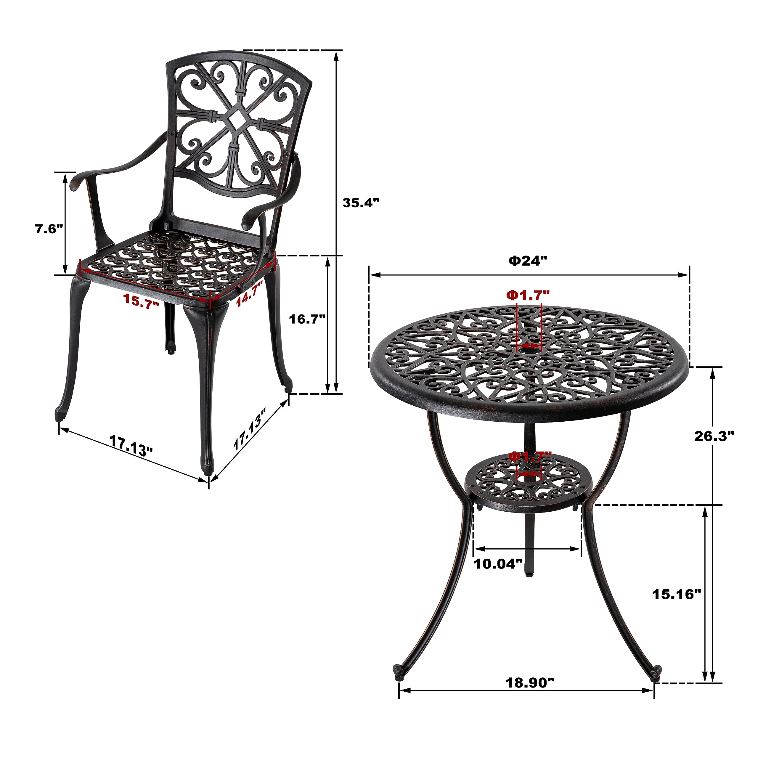 NUU GARDEN 3-Piece Outdoor Bistro Set - Rustproof Cast Aluminum Patio Table and Chairs with Umbrella Hole - Perfect for Backyard, Balcony, Front Porch, Garden & Poolside (Black)