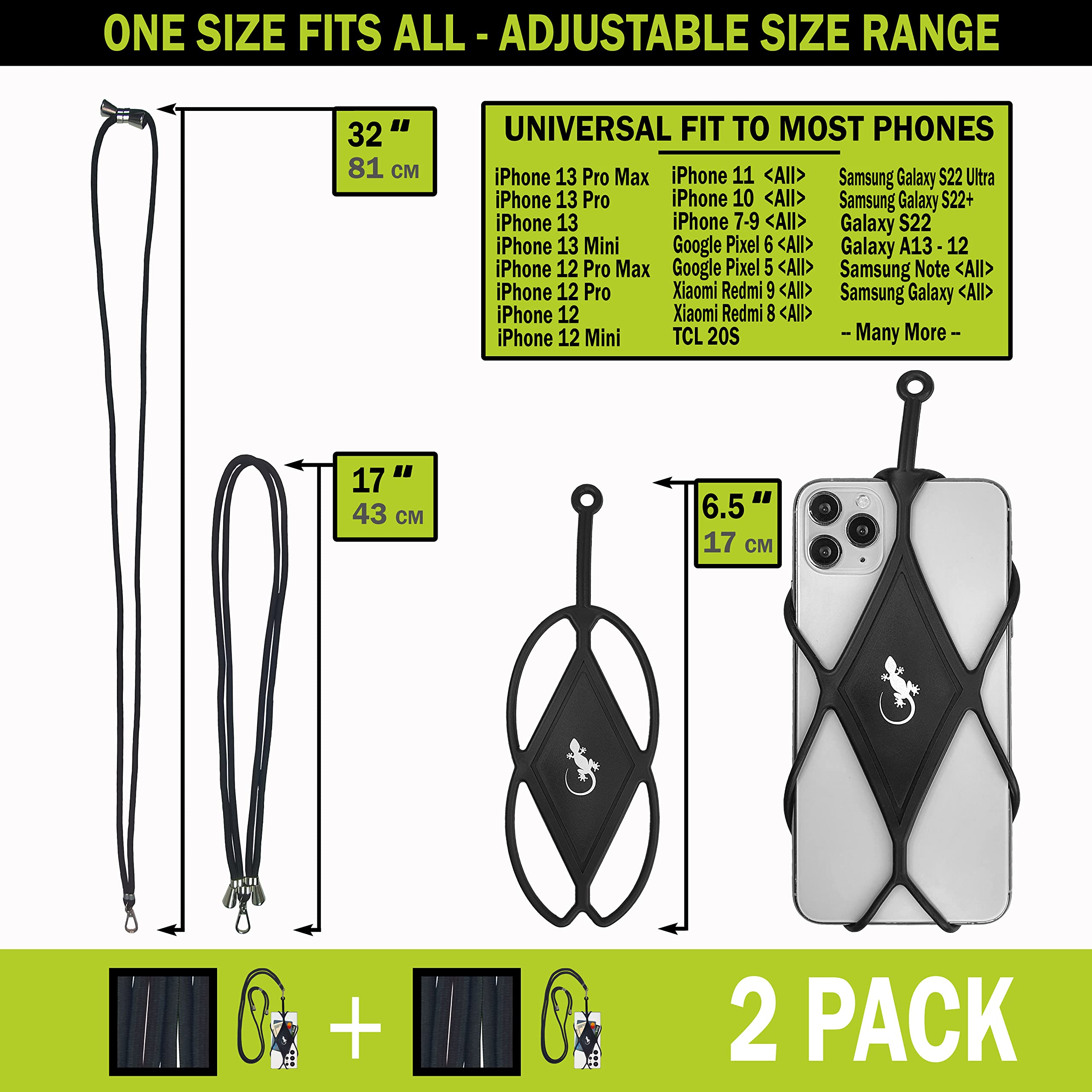 Gecko Cell Phone Lanyard 2-Pack - Neck Strap for iPhone - Black | Hands-Free for Work & Travel