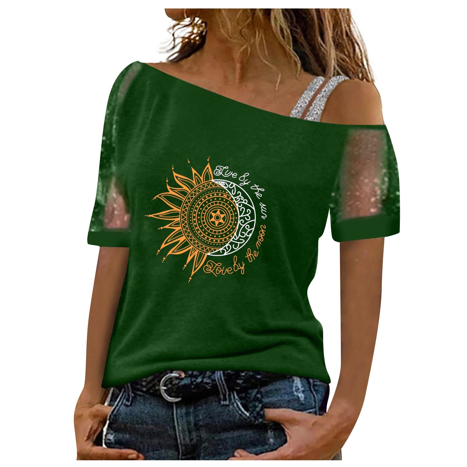 Women's Short Sleeve Printed T-Shirts - Sexy Off Shoulder Graphic Blouse Tops for Casual Wear, Summer Outfits & Beach Vacations
