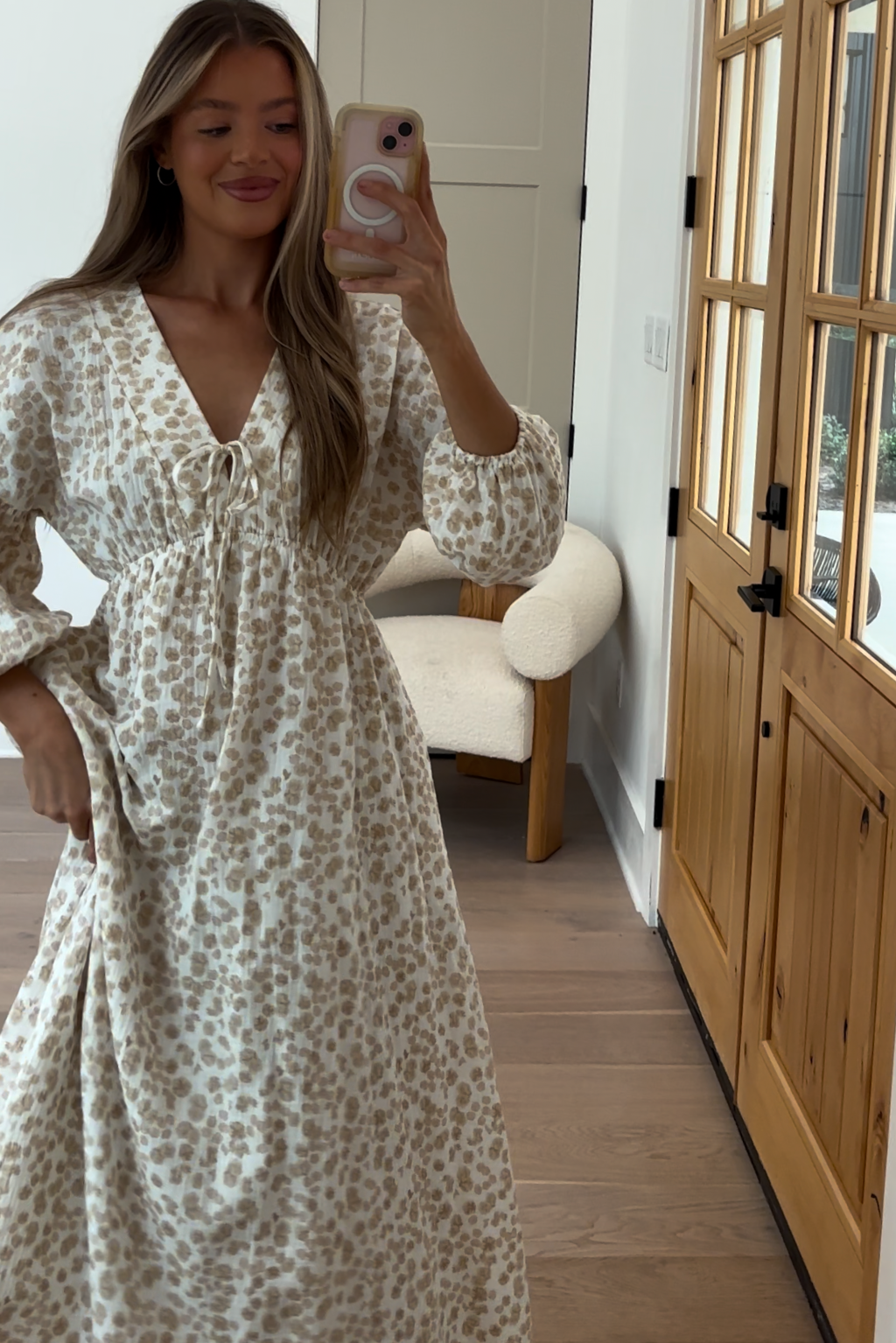 Hunter 100% Cotton Gauze Midi Dress - Natural/Fawn Floral Print | Bump Friendly Maternity Dress | Perfect for Summer, Beach & Pregnancy Photoshoots