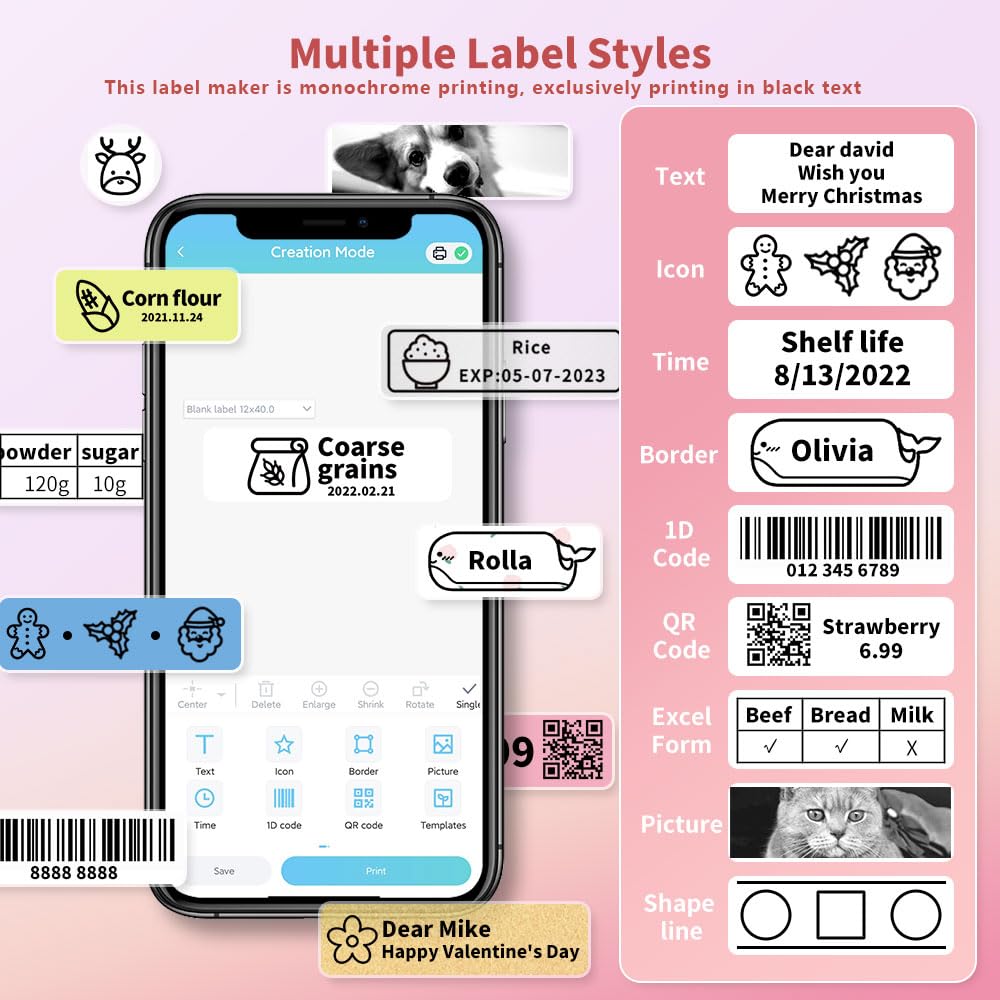 Phomemo D30 Portable Bluetooth Label Printer - Wireless Handheld Label Maker Machine with Multiple Templates, USB Rechargeable, Easy to Use for Office & Home Organization (Ideal for Pantry, Storage, File & Gift Labeling)